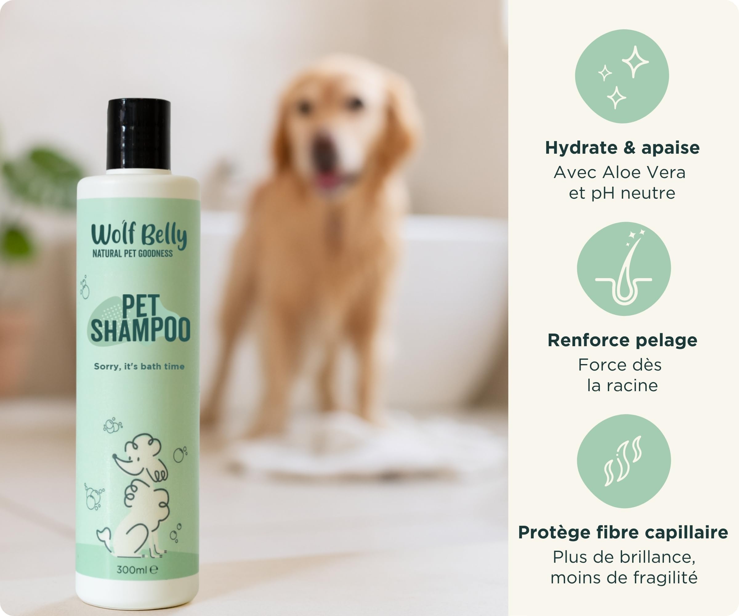 Wolf Belly - Pack Hygiène et Soin Complet pour Chiens et Chats | Shampoing + Après shampoing + Brume + Baume Coussinets | Aloe Vera 99%, Végan et Hypoallergénique - Fabriqué en UE