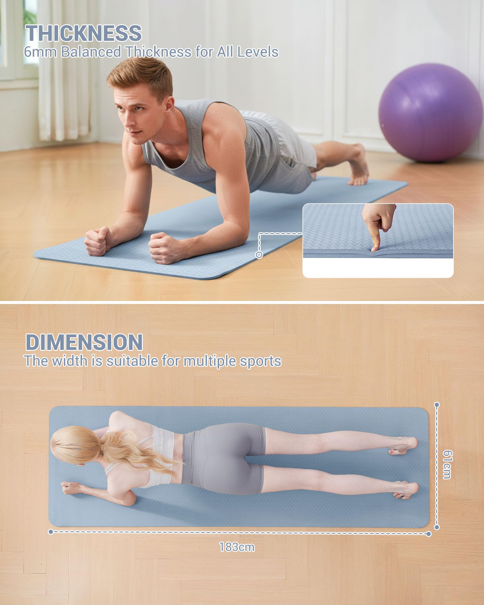 Good Nite Tappetino da ginnastica, yoga, fitness, antiscivolo, per allenamento, sport, turn, pilates, con tracolla, 183 x 61 x 0,6 cm