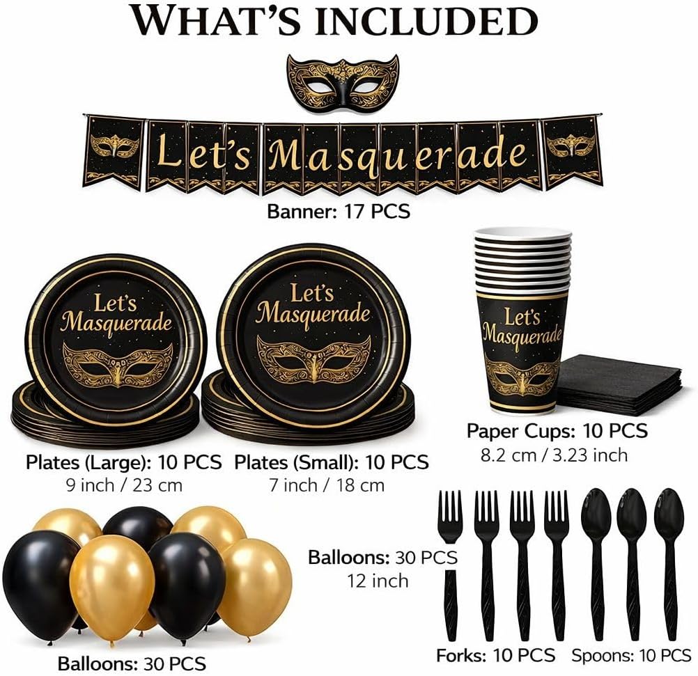Masquerade Party Decorations Set – Elegant Black & Gold Masquerade Party Supplies with Banner, Plates, Cups, Napkins, Balloons & Cutlery for Birthday, Prom & Formal Parties