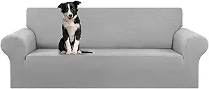 KEKUOU Stretch Oversized Sofa Slipcover 1 Piece Couch Sofa Cover (94"-110") Furniture Protector 4 Seater Sofa with Elastic Bottom for Kids,Pet.Jacquard Checked Pattern Fabric(X Large,Silver)