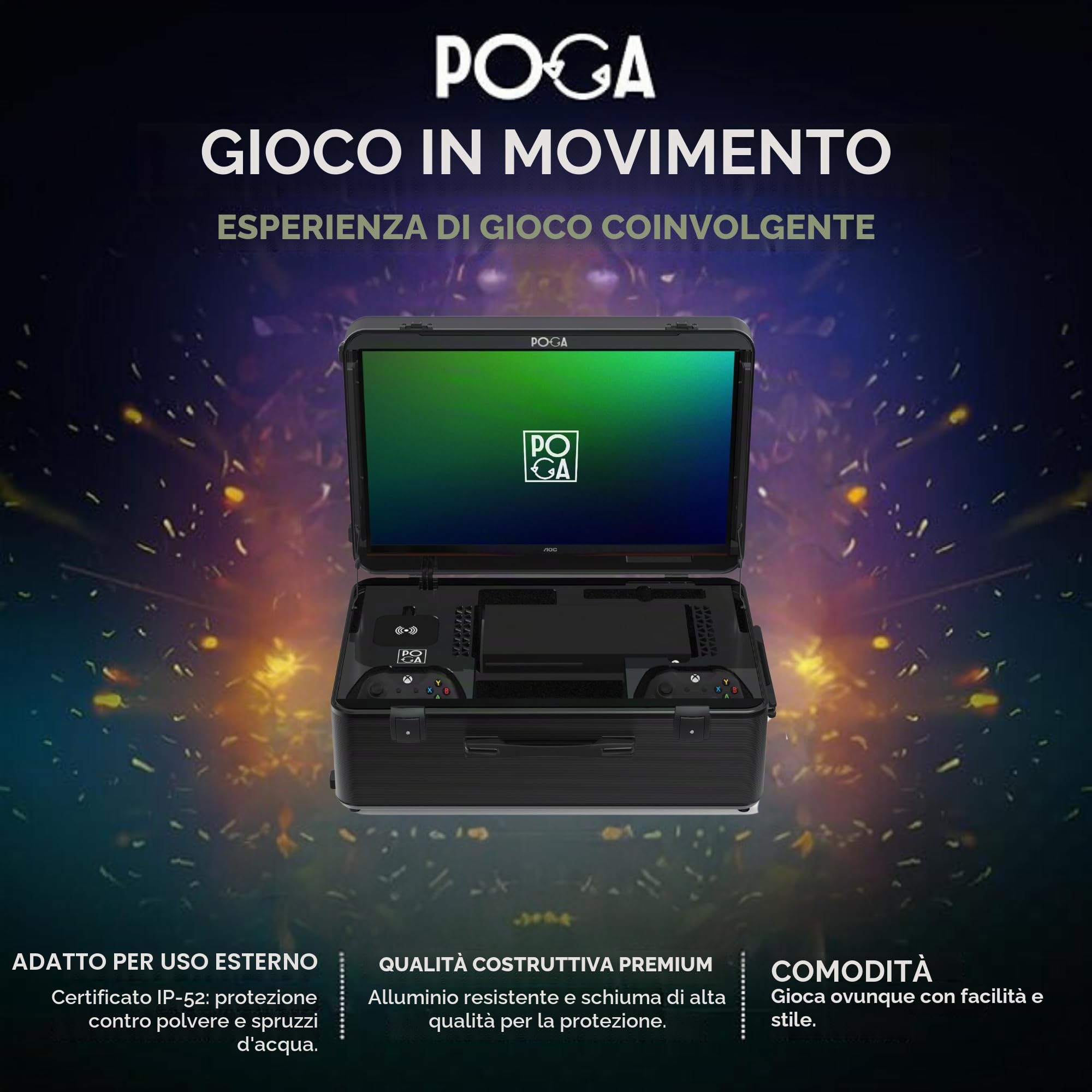 POGA SLY Black - Valigetta da gioco (compatibile con Xbox Series X) con trolley e monitor da gioco AOC da 24", colore: Nero
