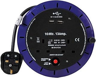 Ex-Pro 2 Way 10M Mains Socket Cassette Reel Extension Lead Cable with 2x USB Charging Ports and Safety Cut-Out Switch 13A - Ideal for Workshops, Offices, Warehouses, DIY and more - Black/Blue