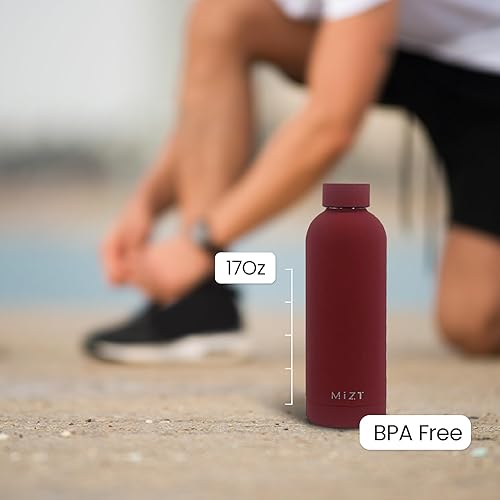 Miniatura 4 de MIZT Botella de agua de acero inoxidable de 17 onzas, doble pared aislada al vacío, a prueba de fugas, para niños y adultos, color borgoña profundo
