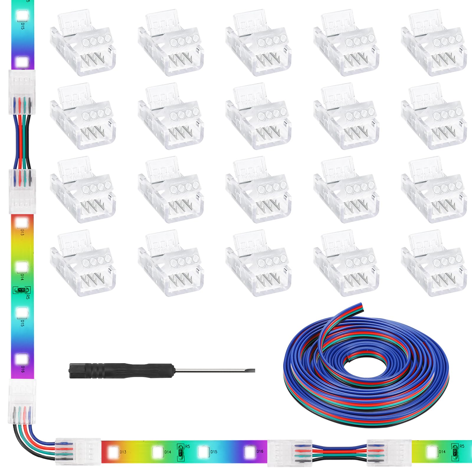20 Pack 4 Pin LED Strip Light Connectors 10 mm, Solderless Transparent Track Lighting Connectors LED Pin Connector for 5050 Waterproof RGB
