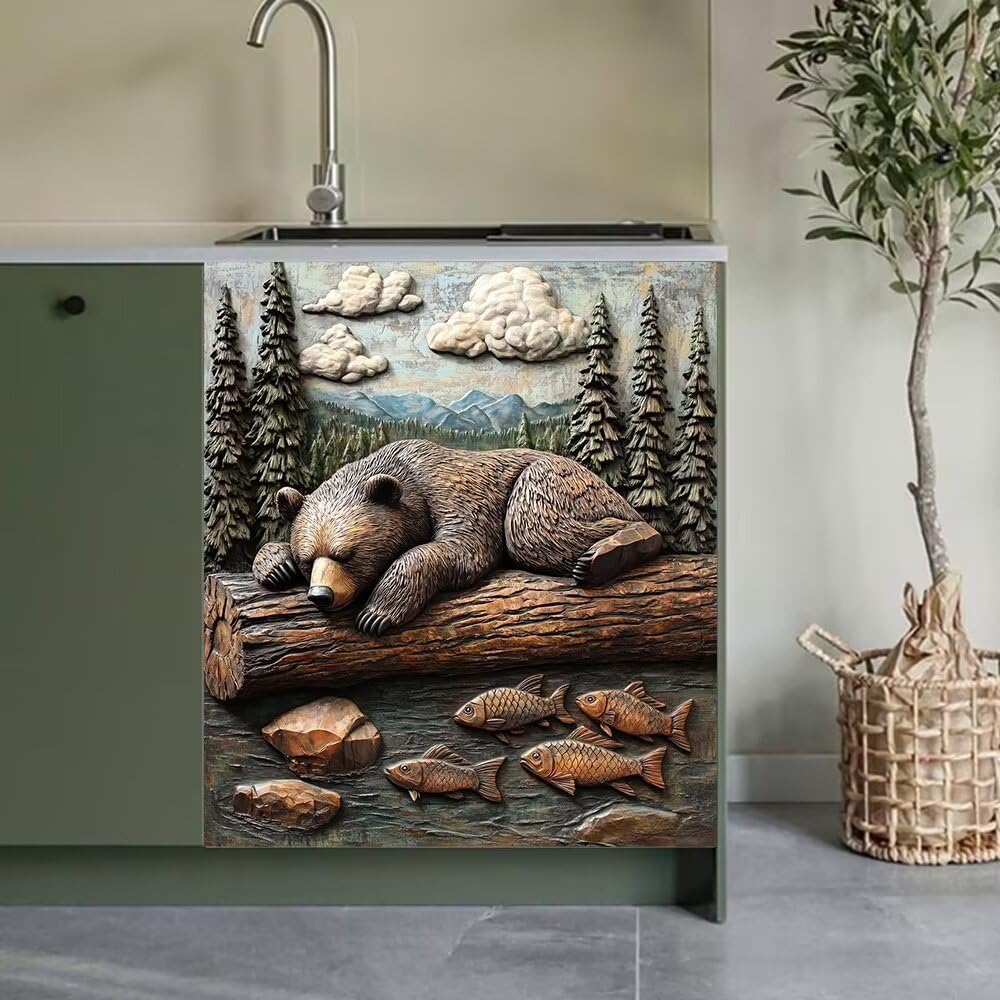 Rustic Bear and Fish Scene Kitchen Decor Dishwasher Magnet Cover Decal, 3D Embossed Wildlife Magnetic Dish Washer Panel Door Vinyl Sticker, Refrigerator Magnets,Easy to Clean, 23 x 26 inch