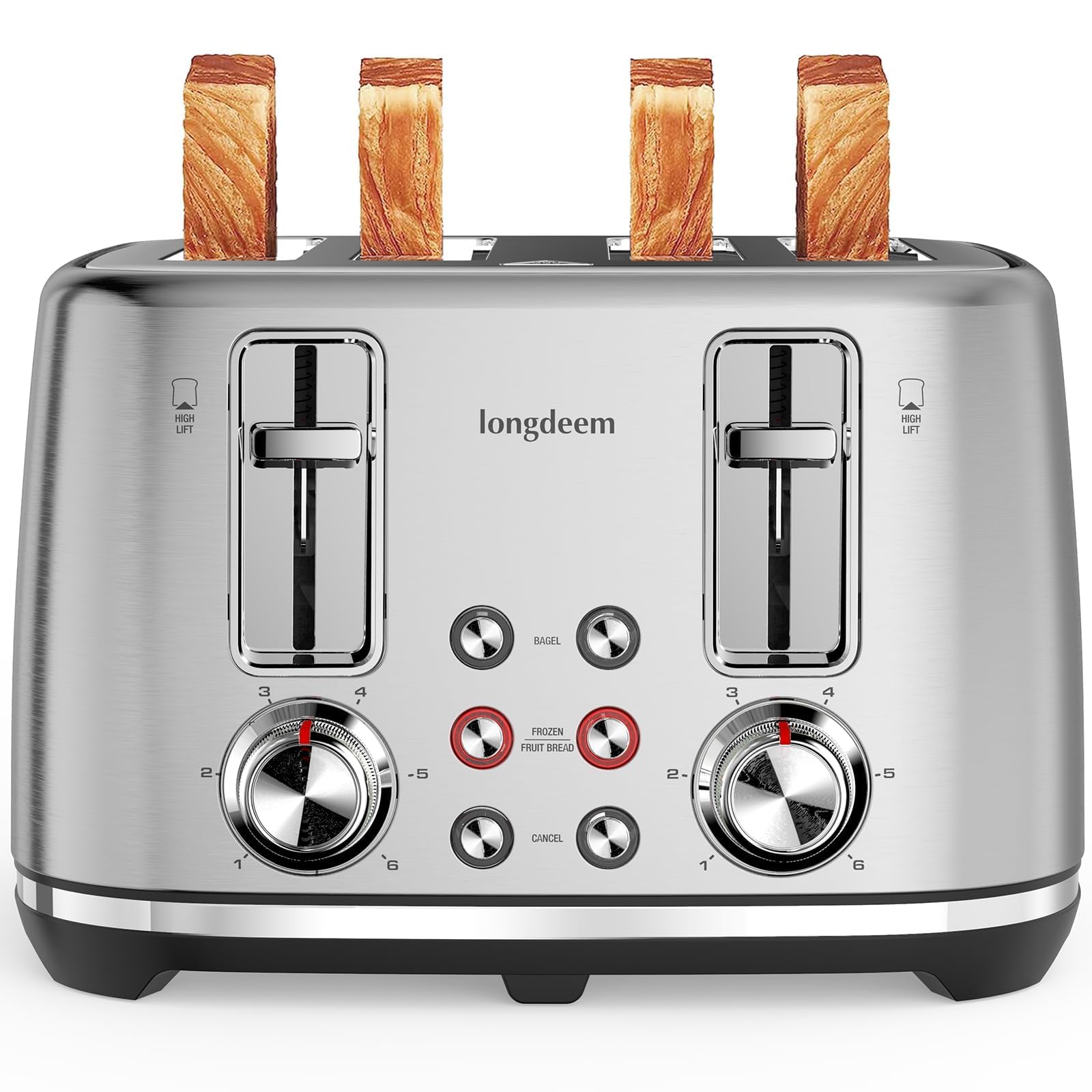 retro 4 slice toaster with stainless steel wide slots & removable crumb tray, 6 browning options, auto shut off & frozen function for fruit bread, bagel, waffle, silver