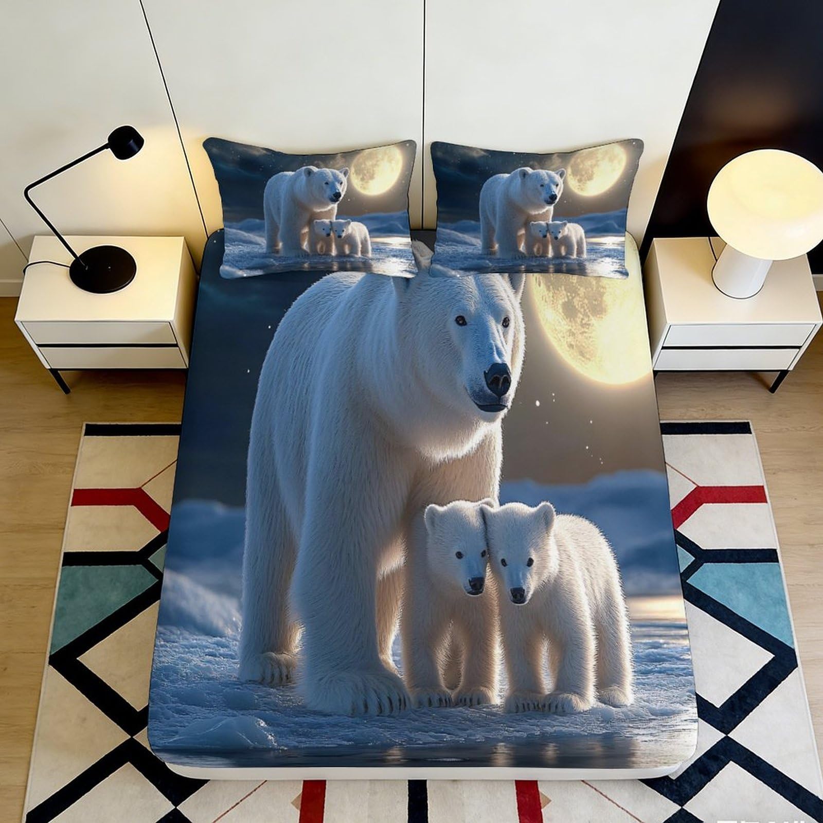 3D Printed Polar Bear Family Fitted Sheet Microfiber Soft Breathable Moonlight Bed Cover for Bedroom Dormitory Guest Room Mattress Protection Decor 140x200x25cm