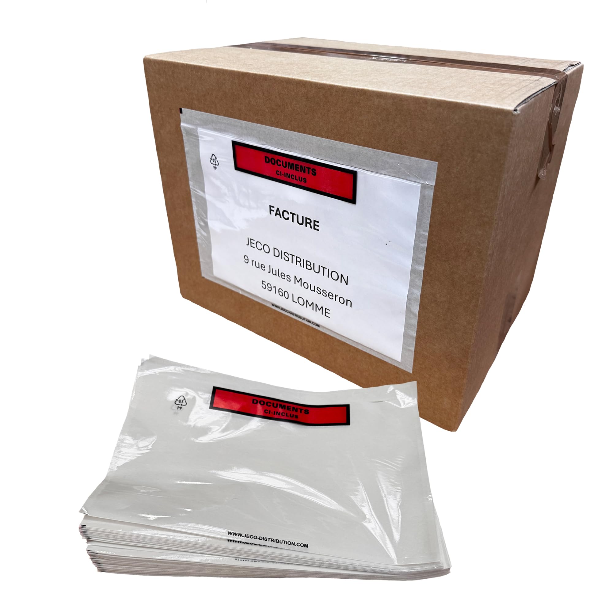 JECO - Lot de 500 Pochettes A5 porte-document adhésives documents ci-inclus, pochettes d’expéditions autocollantes 225 x 165 mm pour colis