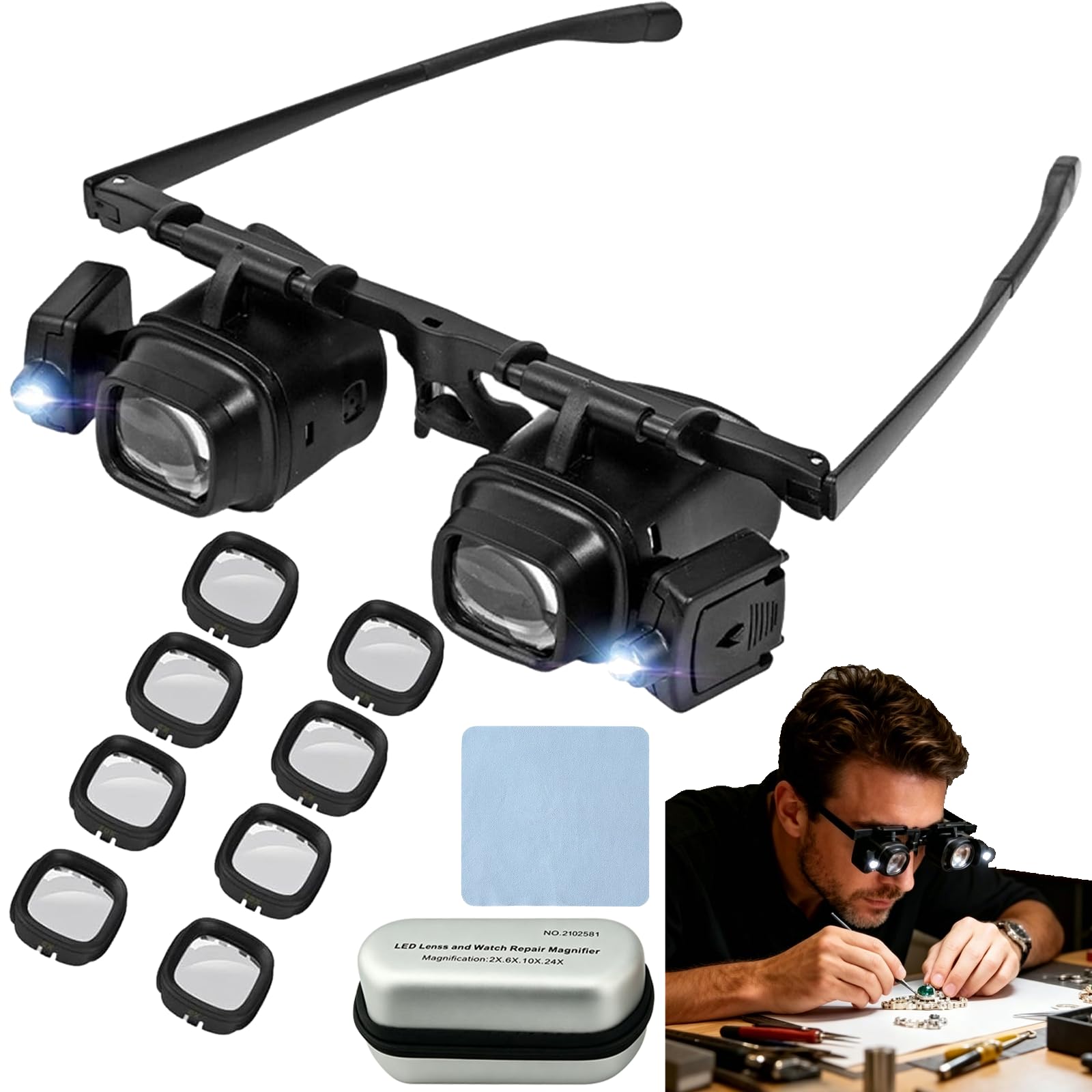 Precision LED Magnifier Glasses, Magnifying Glasses for Electronics & Crafts, 2X to 24X Interchangeable Lenses, Precision Magnifier with LED Light for Close Work (4 lenses)