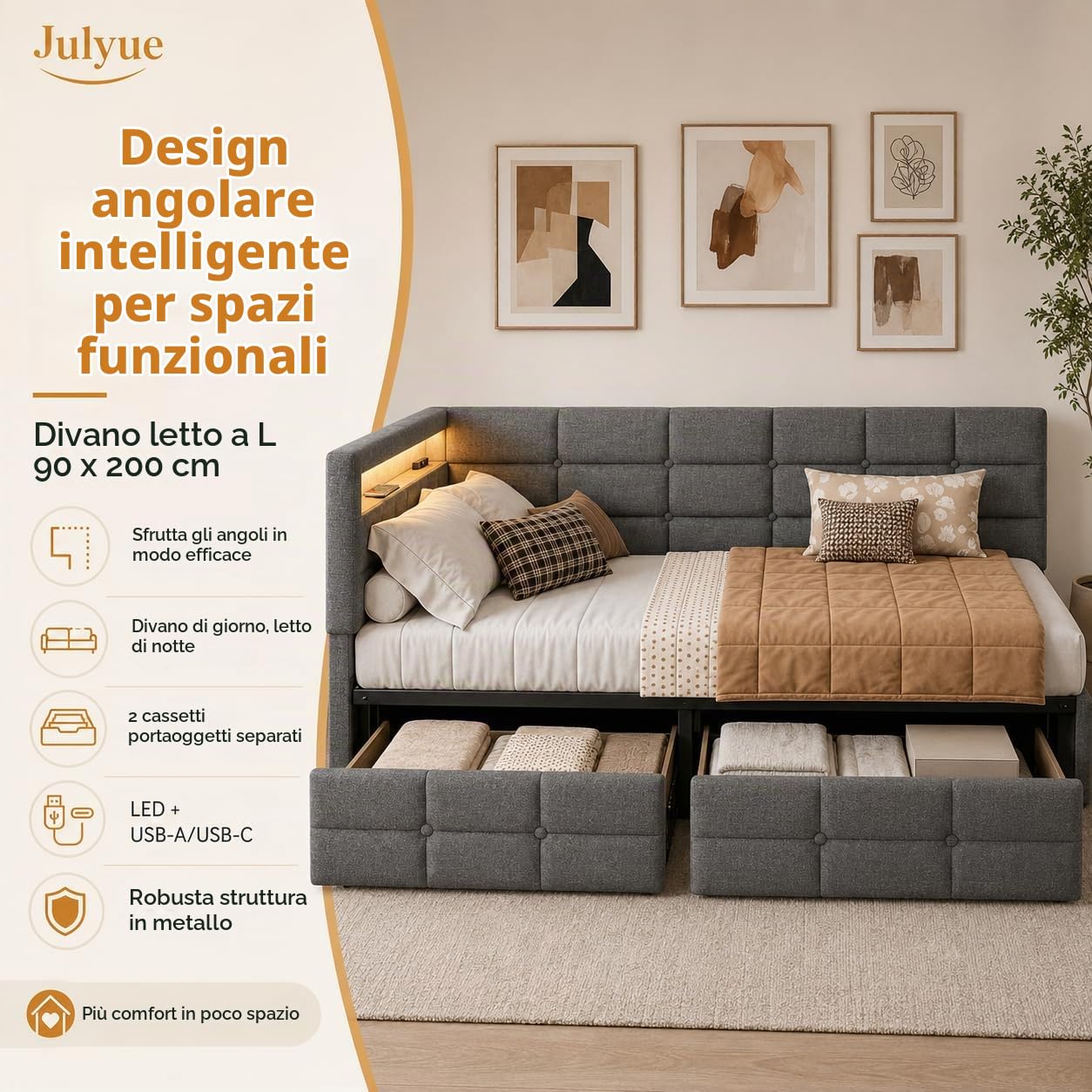 Divano Letto Singolo 90x200 a L Salvaspazio, Letto Singolo Angolare Imbottito in Tessuto Effetto Lino Grigio con 2 Cassetti, LED RGB 16 Colori, 2 Prese EU, USB-A/USB-C, Rete a Doghe, Senza Materasso