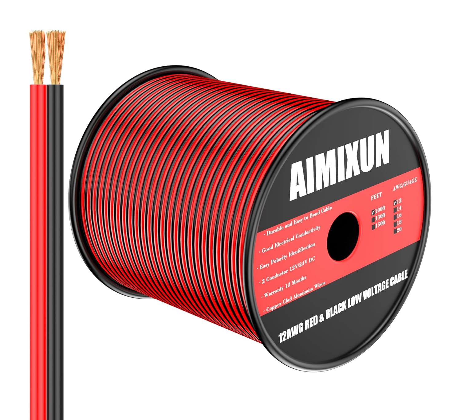 AIMIXUN 12 Gauge Electrical Wire 100FT, 12AWG Wire 2 Pin 2 Color Red