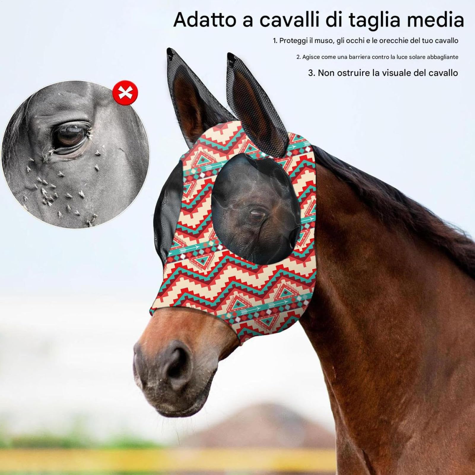 Generico Mascherina Antimosche Cavallo Coprifaccia Equino Traspirante Taglia M/L