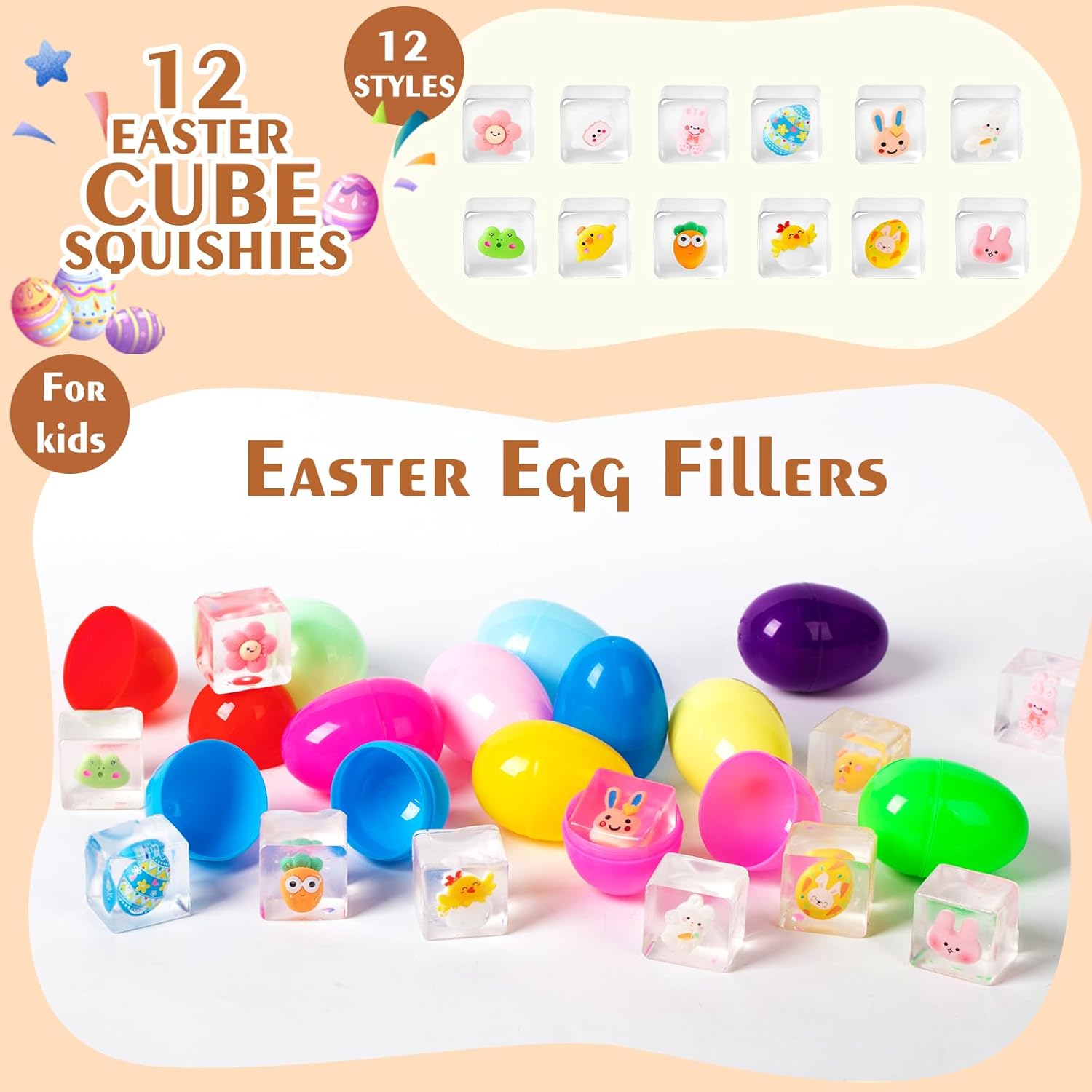 12 Pack Easter Cube Squishy Squeeze Toys, Easter Basket Stuffers, Easter Egg Fillers, Squishies Stress Relief Fidget Toys for Kids Boys Girls Toddlers Party Favors Gifts