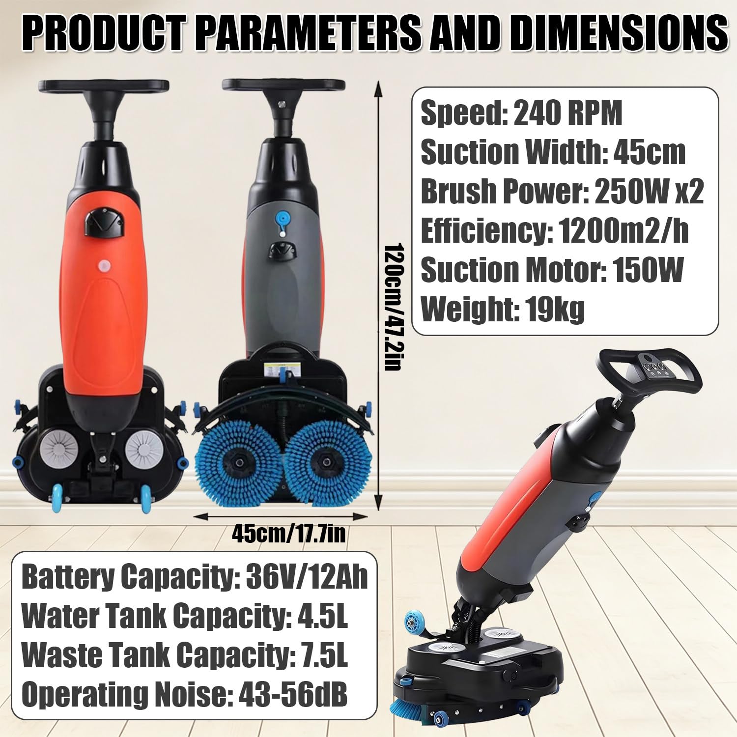 Bodenreinigungsmaschine, 360° Gewerbliche Scheuersaugmaschine, Doppelbürsten-Design, 45 cm Reinigungsbreite, Mit 4,5 L Klarwassertank Und 7,5 L Schmutzwassertank, 1200 M²/H Red