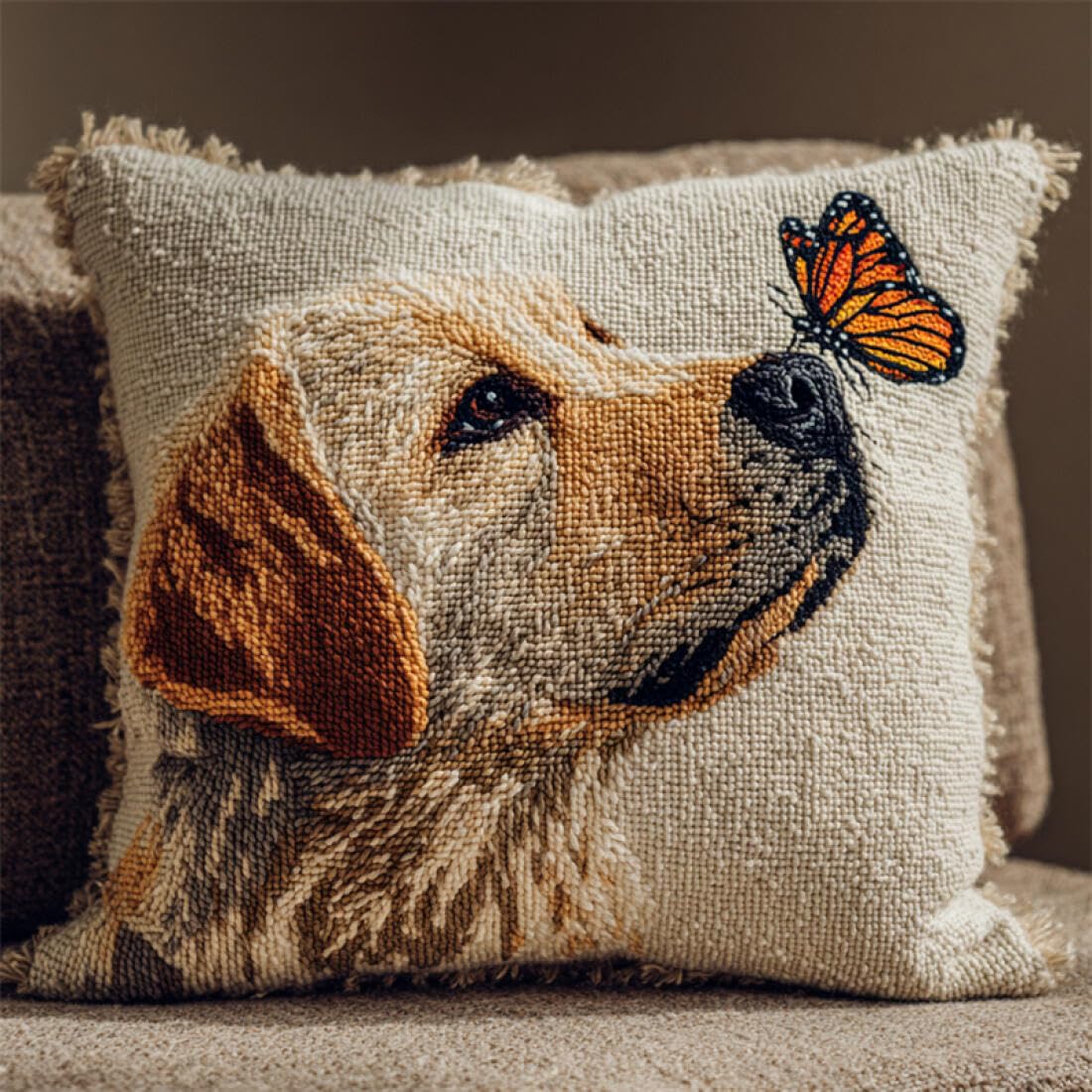 Kitquiver Animal Latch Hook Cushion Kits Dog and Butterfly Crochet Needlework Crafts with Latch Hook Tool for Adults DIY Handmade Home Cushion Kits Decor 17x17In