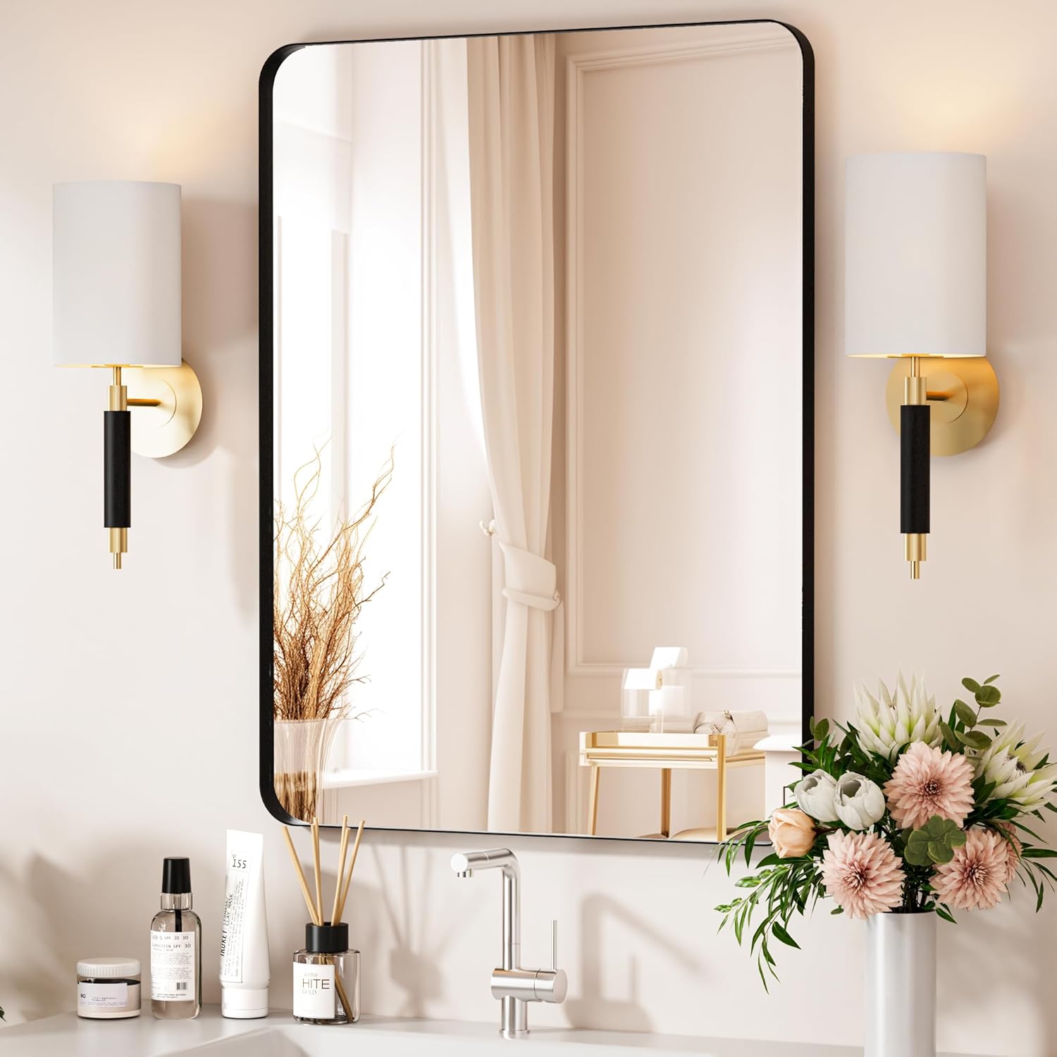 Black Bathroom Mirror 24X32 Inch Bathroom Vanity Mirror for Wall, Metal Frame Large Mirror, Tempered Glass, Modern Wall Mirror for Bathroom, Farmhouse, Horizontally or Vertically Hanging Black 24"X32"
