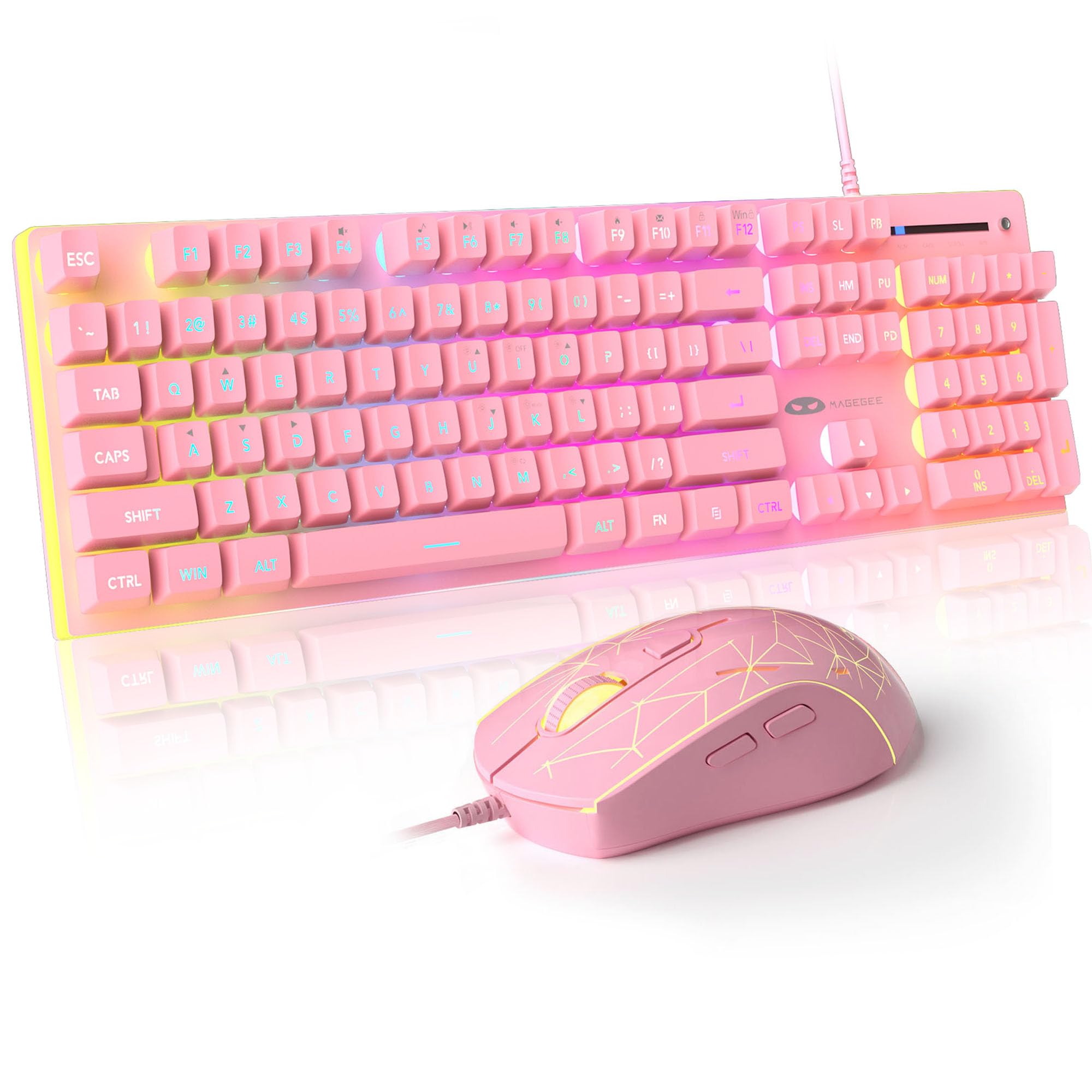 MageGee GT838 Gaming Keyboard and Mouse Combo, 104 Keys RGB Backlit Quiet Wired Keyboards for Laptop PC MAC, with Number Pad, Metal Panel, Anti-Ghosting, Pink