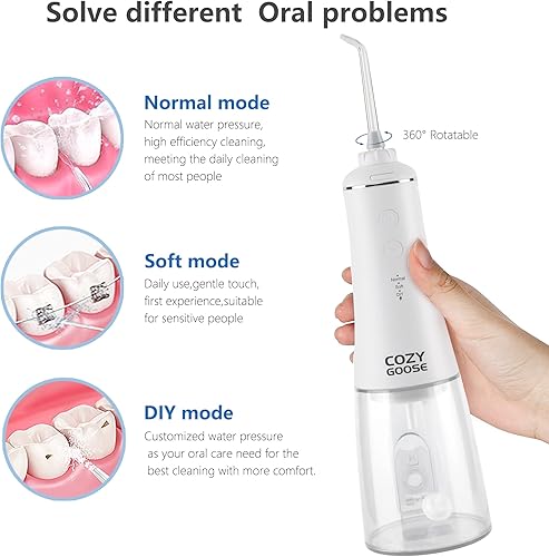 Miniatura 3 de Irrigador oral portátil, hilo dental de agua, hilo dental eléctrico para dientes, 3 modos de limpieza IPX7 impermeable, 5 puntas (transparente)