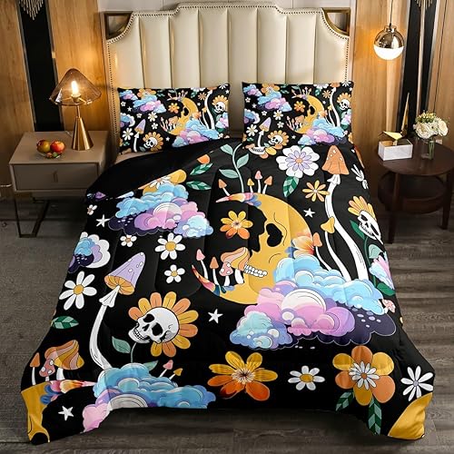 Miniatura 2 de Hippy Girl - Juego de ropa de cama retro de los años 60 y 70 con diseño de calavera y flor para niñas, juego de edredón vintage con diseño de flor