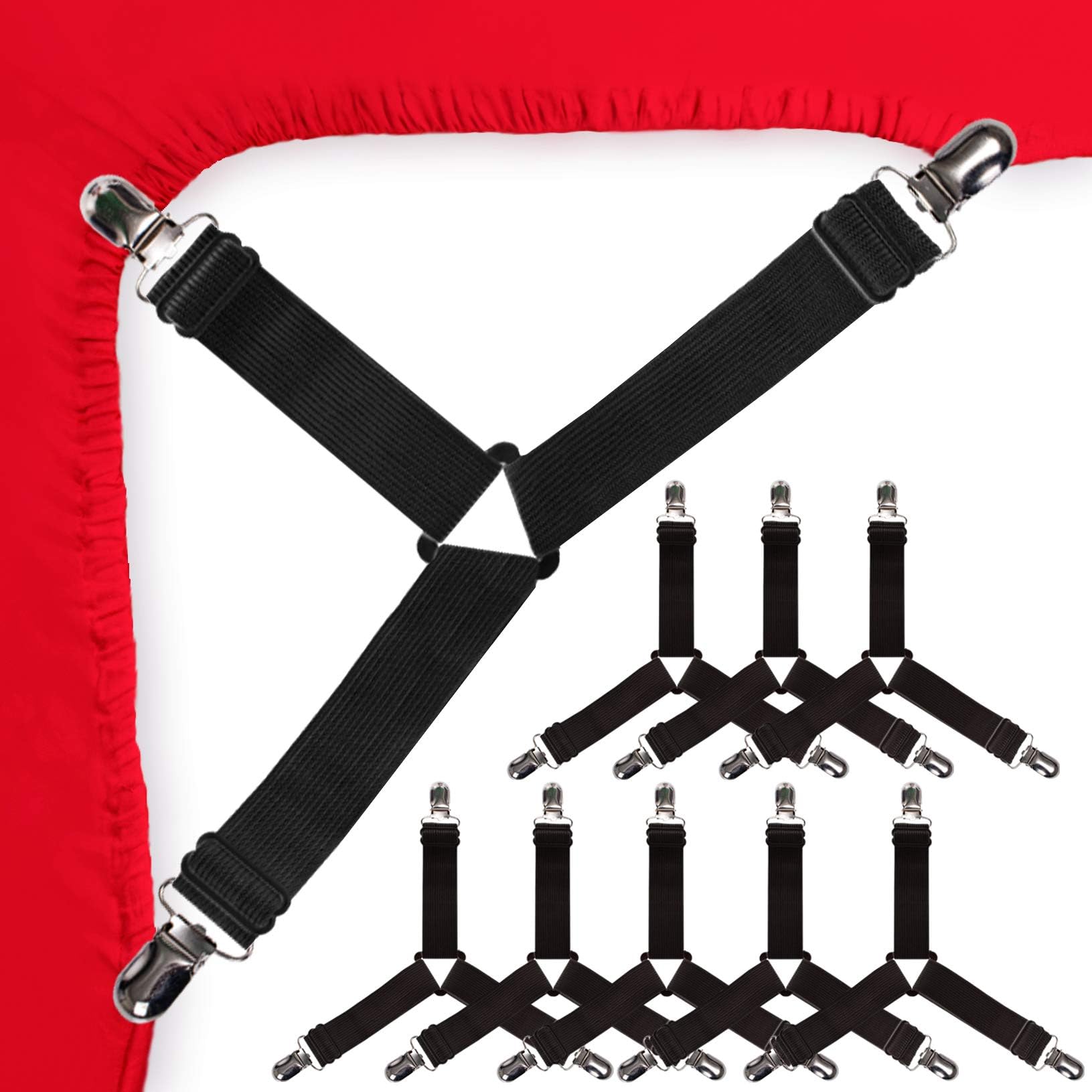 5 STARS UNITEDBed Sheet Straps Set, Elastic Fasteners with Metal Clips, Sheet Holders for Corners, Fitted Sheet Clips to Hold Sheets in Place, Bed Sheet Clips with Adjustable Bed Bands (8 Pcs Black)