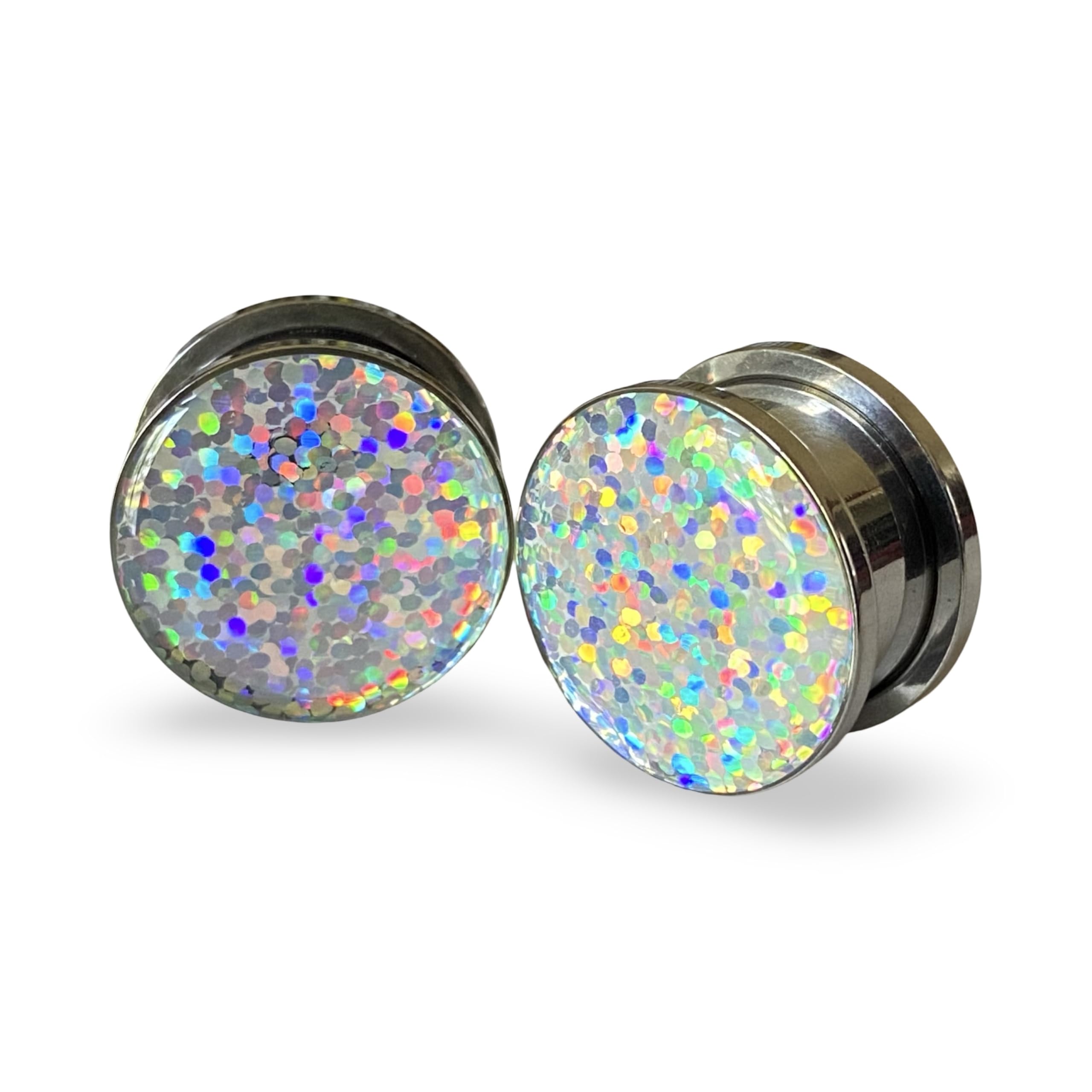 Mystic Metals Body Jewelry Screw on Plugs - Silver Holographic Glitter Plugs - Sold As a Pair