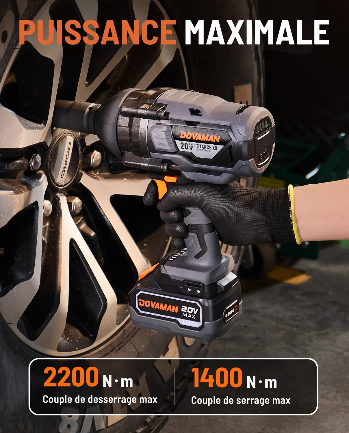 DOVAMAN TITANCE X9 Clé à Choc Sans Fil, 2200Nm Couple Élevé 3/4'' Clé à Choc, 20V Sans Balais, 5 Vitesses, Batterie 4.0Ah, Chargeur, Perceuse à Choc Électrique pour Travaux Lourds