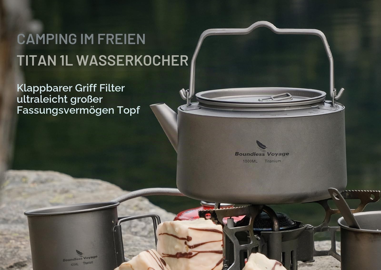Boundless Voyage 1L Camping Titan Wasserkocher mit Klappgriff Filter Große Kapazität Topf Kochen Outdoor Kochset Töpfe Ti3098D