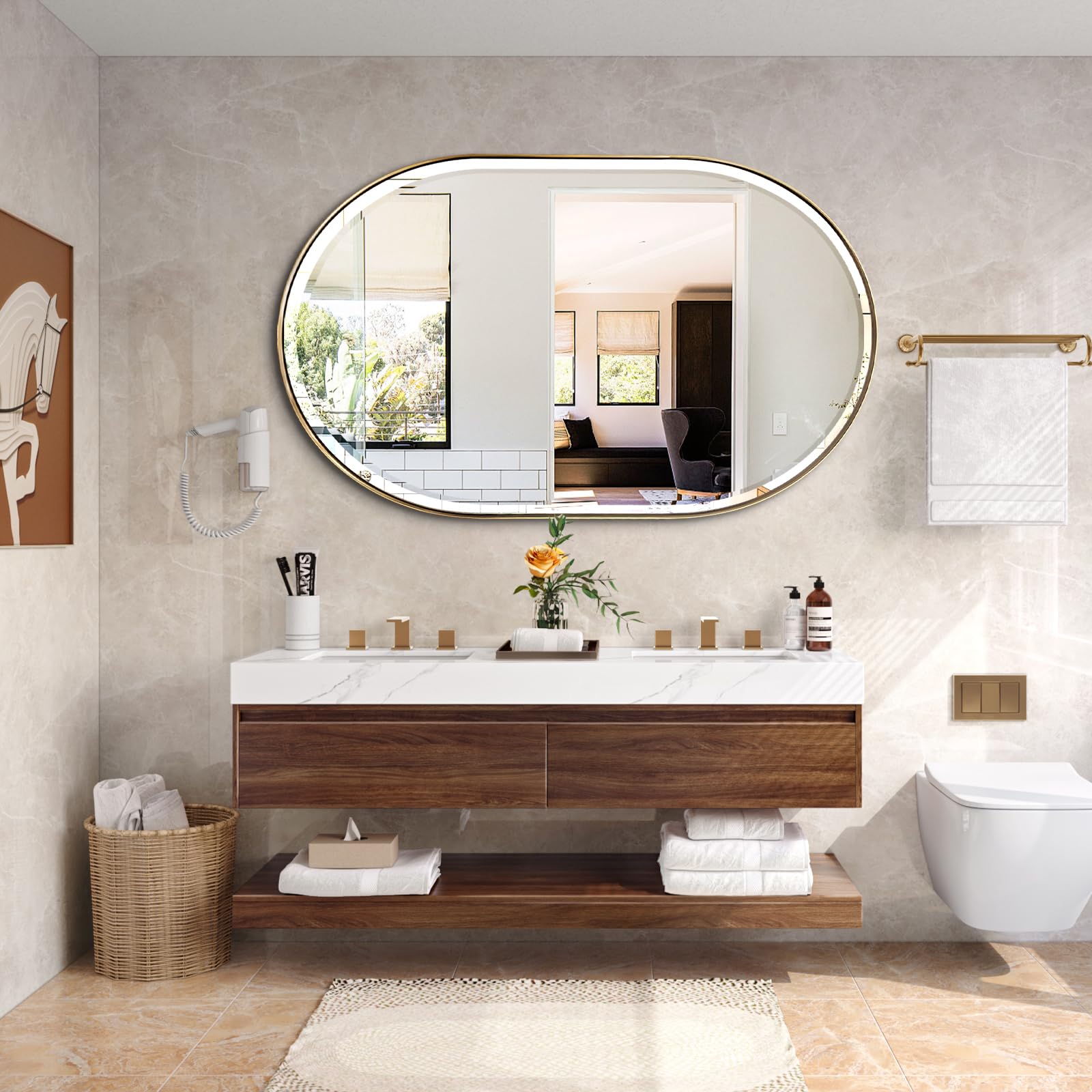 POZINO Gold Oval Mirror, Brass Beveled Mirror with Stainless Steel Frame, 28"x48" Large Rounded Rectangle Mirrors for Over Sink, Modern Oblong Vanity Wall Mirrors for Bathroom Bedroom Living Room