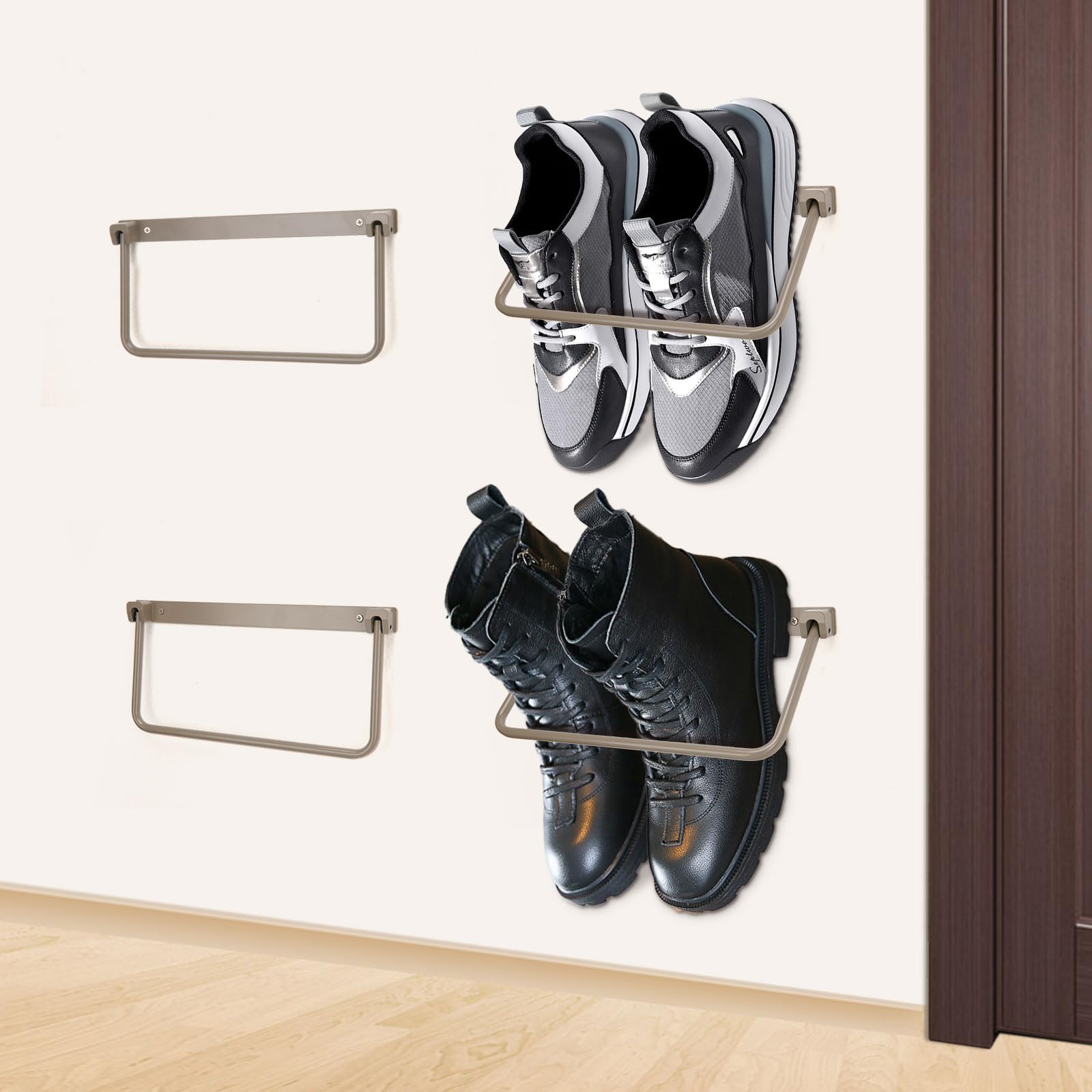 GOIMGN Rv Shoe Rack Wall Mounted 4 Packs-Aluminum Camper Wall Hanging Shoe Rack,Foldable Rv Shoe Organizer Shelf,Effective Shoe Storage Rack for Various Footwear, Travel Trailers And Campers