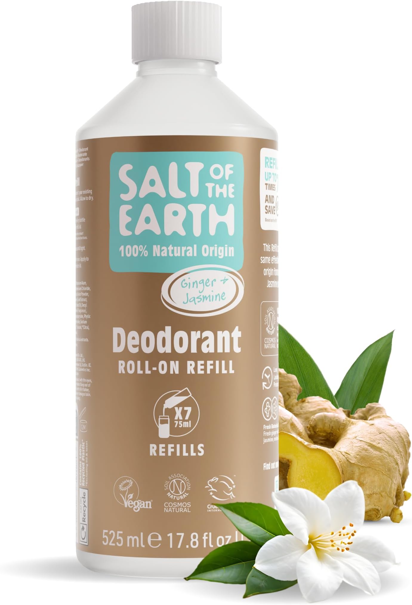 Natural Deodorant Roll On Refill by Salt of the Earth, Ginger & Jasmine - Vegan, Long Lasting Protection, Leaping Bunny Approved, Made in the UK - 525ml