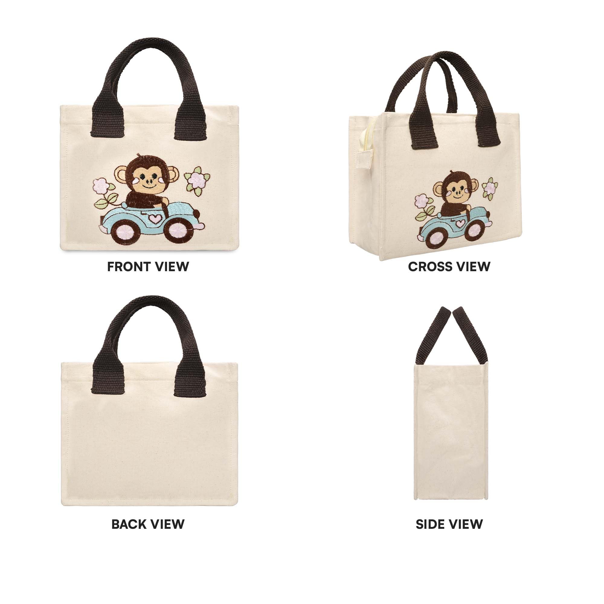 ECOCARRY Kids Lunch Bag | Cute & Stylish Embroidery Mini Tiffin Bag for Boys & Girls | Cute Cotton Cartoon Design | Picnic Tuition School, Preschool & Playschool | Gift for Birthday (Monkey) 3