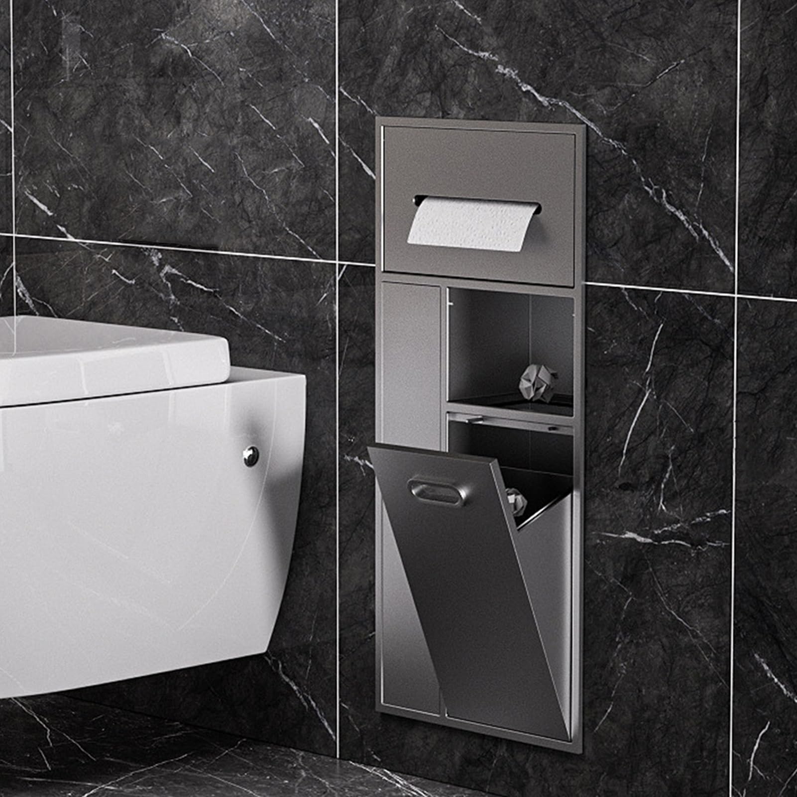 Portarrollos de papel higiénico empotrado para pared con cubo de basura y armario de nicho de almacenamiento oculto, ahorro de espacio