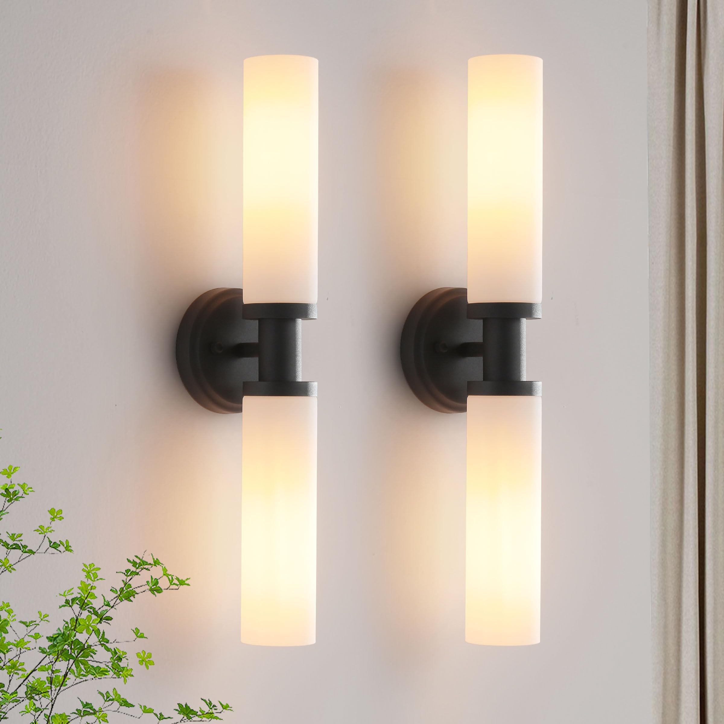 Wall Sconces Set of Two,Matte Black Bathroom Sconces Wall Lighting with White Glass, Modern Sconces Wall Decor Set of 2 Wall Light fixtures for Bathroom Mirror Living Room Hallway Bedroom Wall Lamp