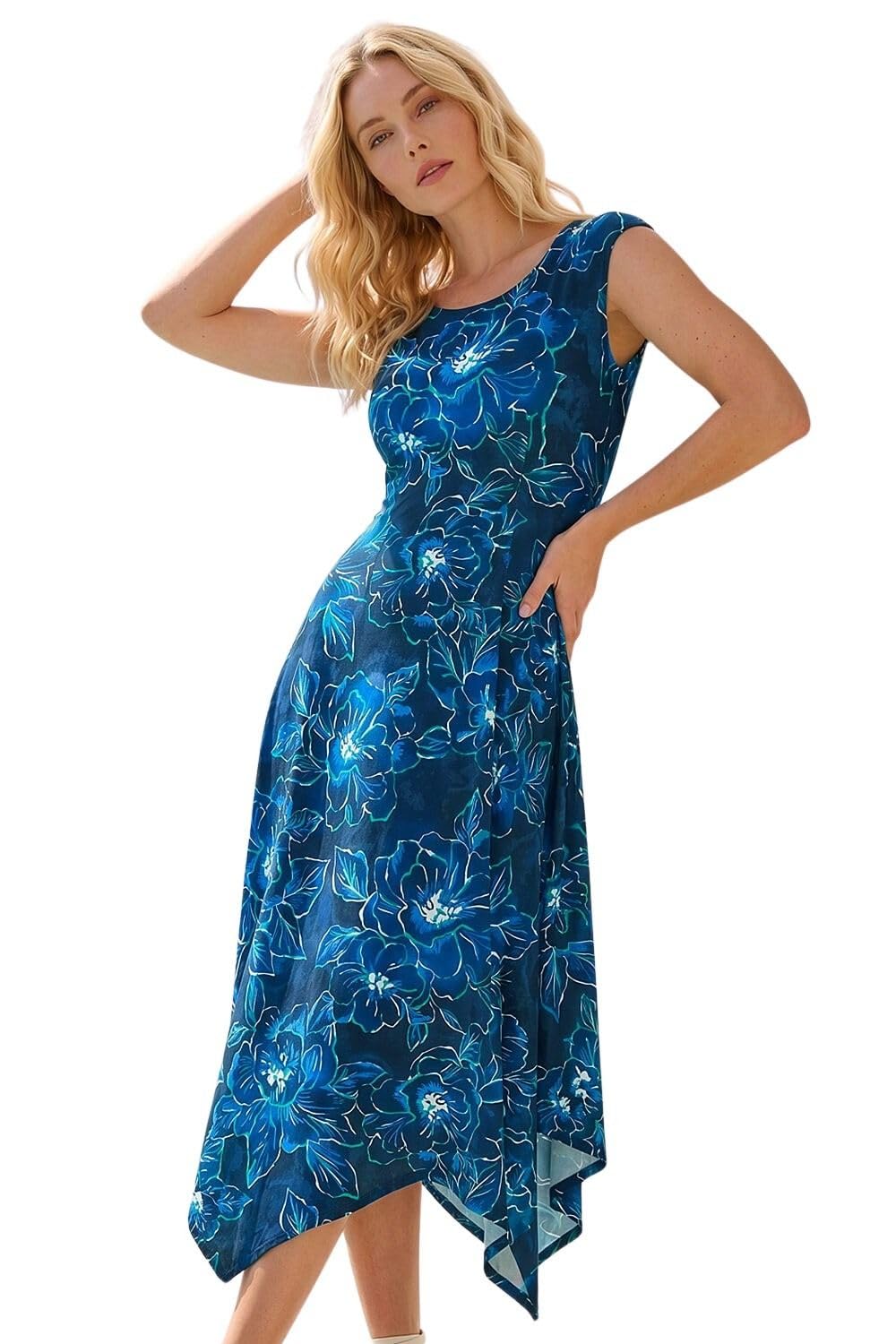 Roman Hanky Hem Swing Dress with Pockets for Women UK Ladies Asymmetric Hemline Stretch Jersey 3/4 Sleeve Winter Smart Casual Work Office Knee Length Tunics - Floral Navy - Size 14