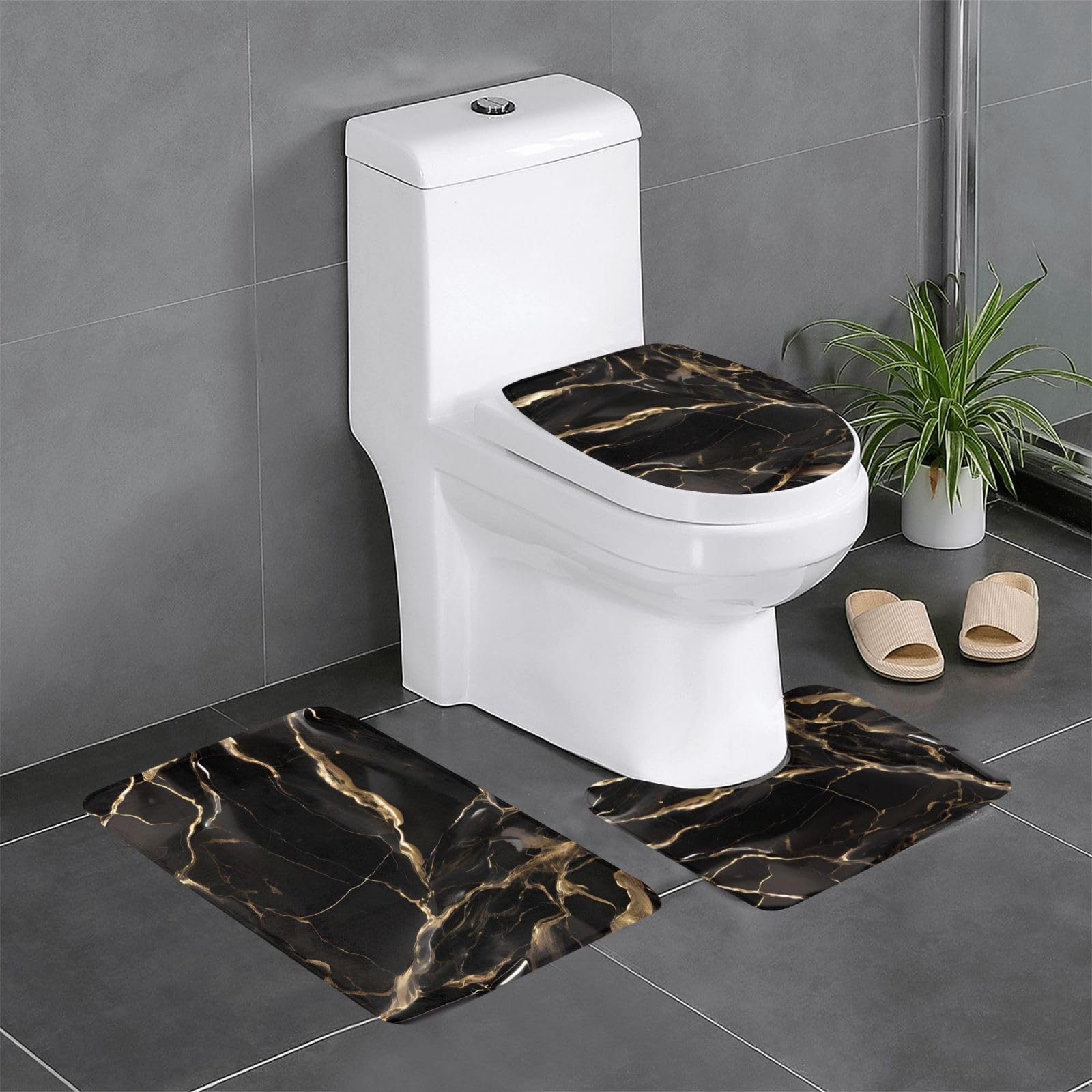 Tapis de salle de bain antidérapants effet marbre noir et or pour une décoration luxueuse