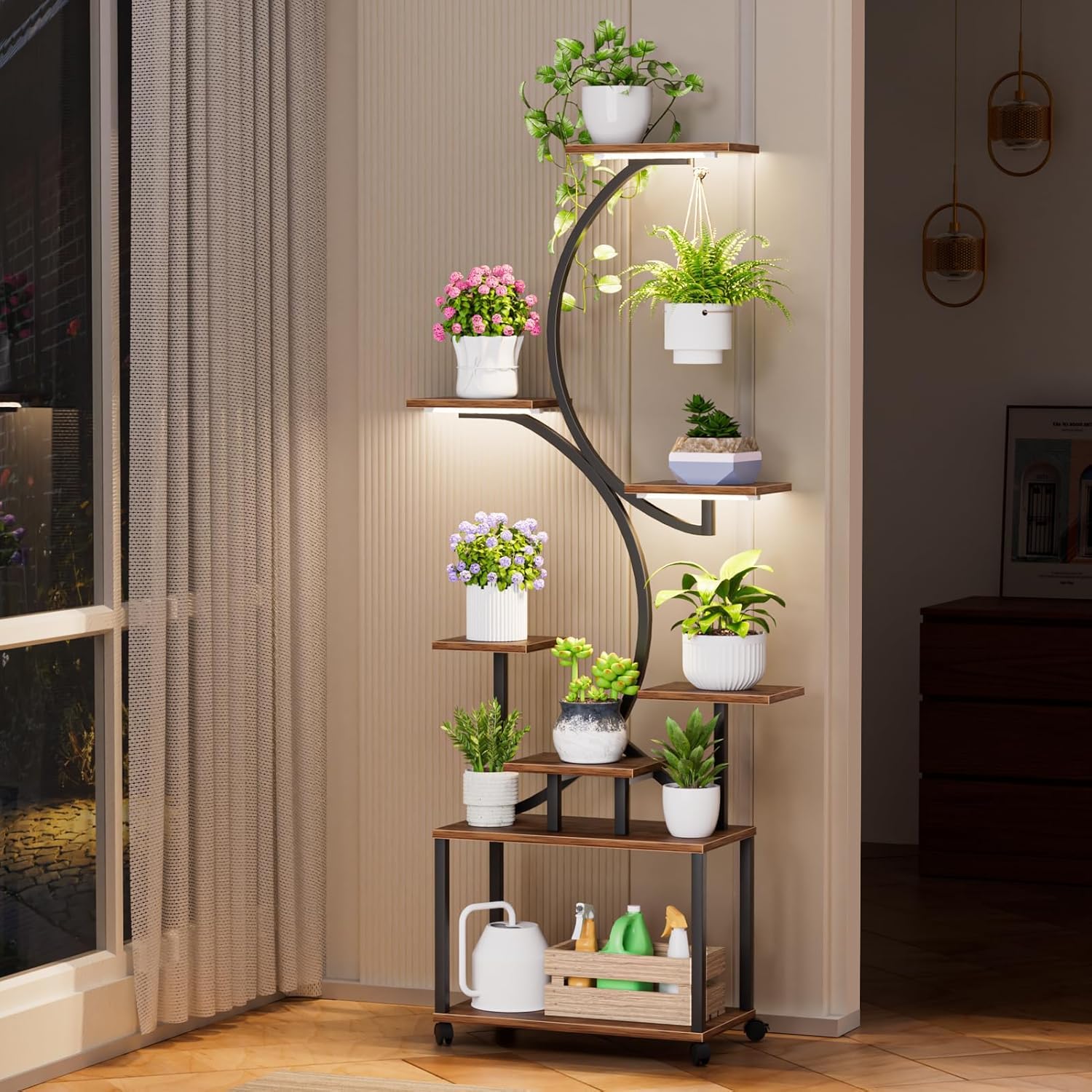 tekrabea Indoor Plant Stand with Grow Lights, 157CM Tall 8 Tiered Metal Plant Shelf, Plants Display Rack for Indoor Plants, Flower Holder Stand for Living room, Patio, Home Decor