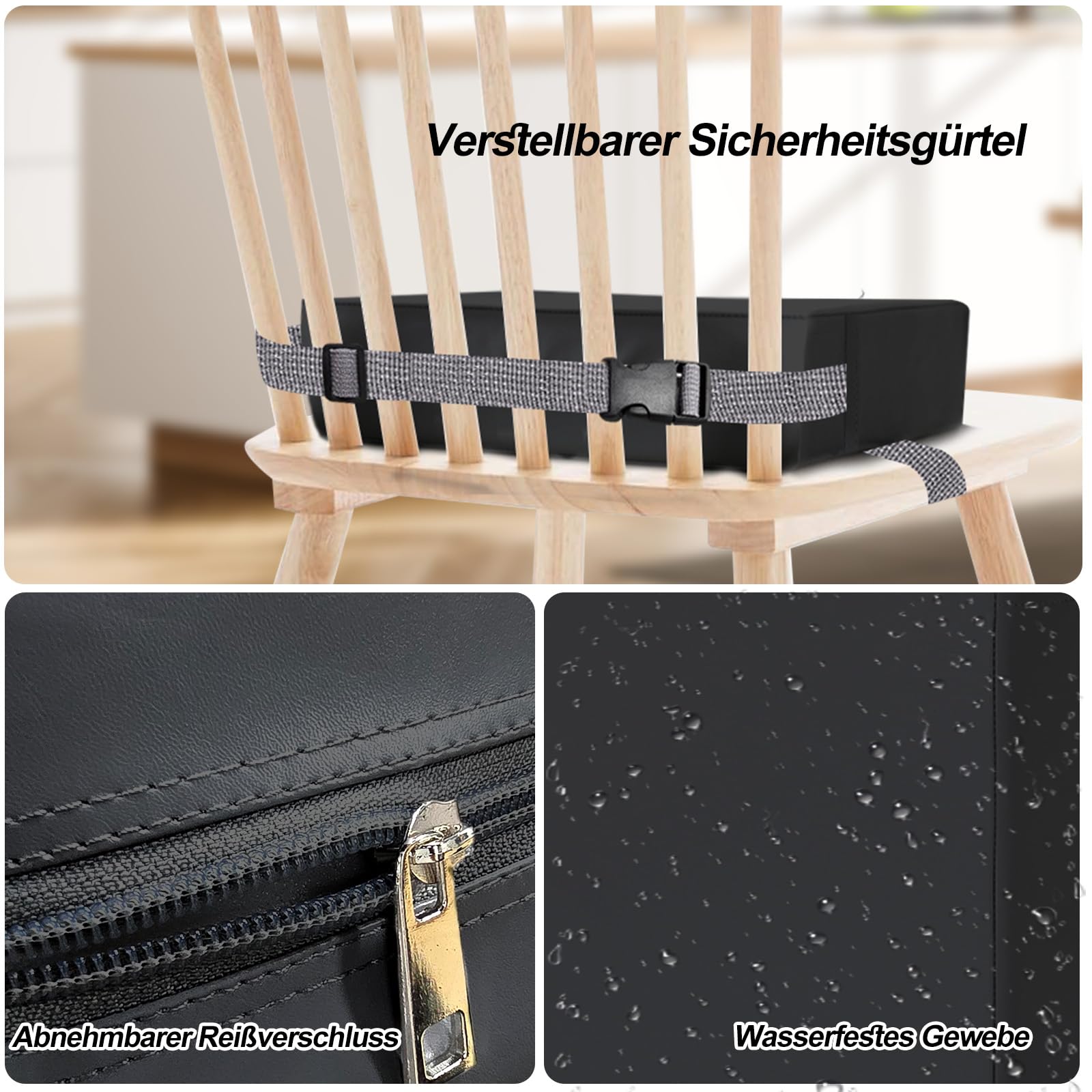 Sedia rialzata per bambini, in poliuretano, lavabile, smontabile, con 2 fibbie di sicurezza, antiscivolo, per tavolo da pranzo, baby booster Seat (nero)