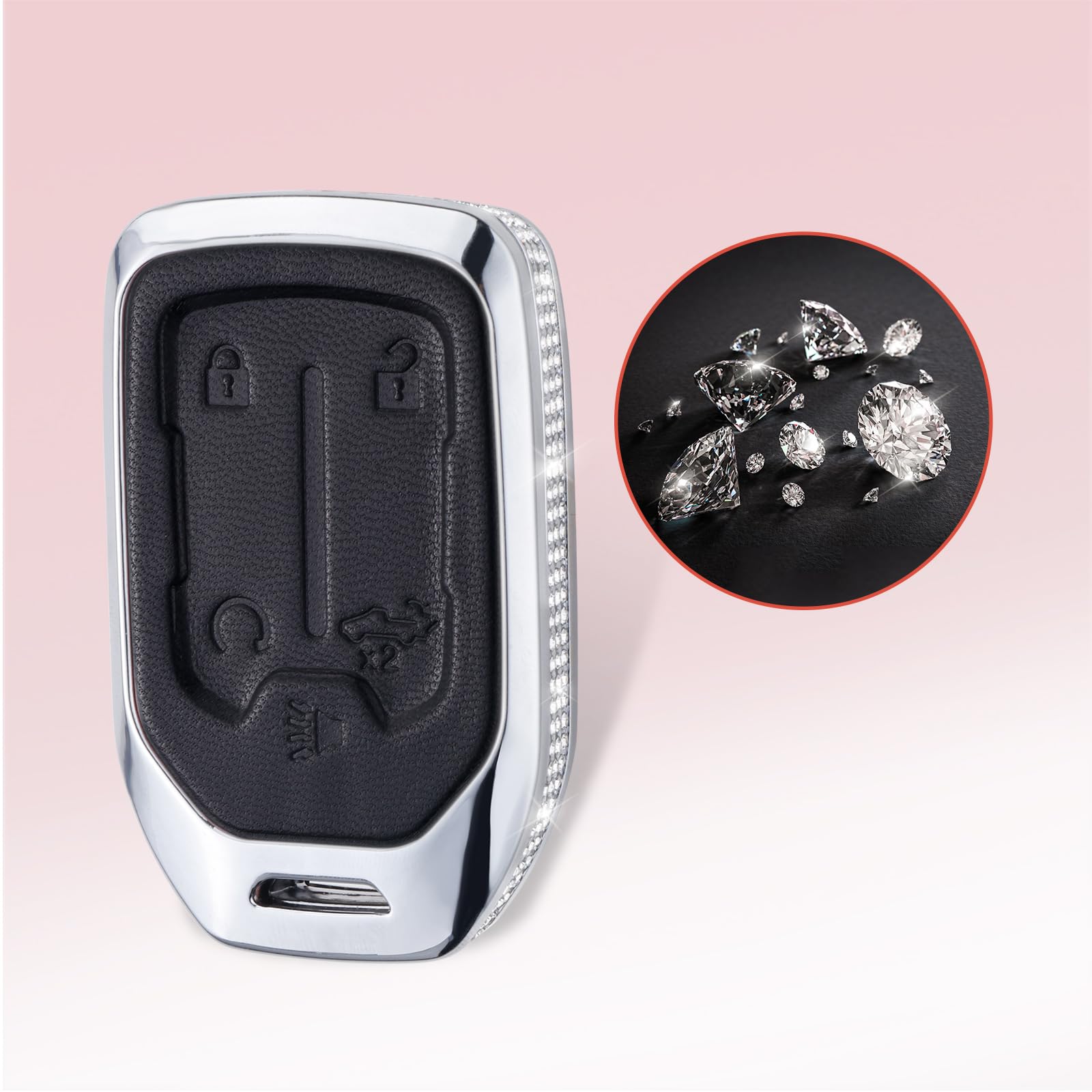 RUABIBAN Leather Crystal Key Fob Cover For GMC/Chevy - 5 Button Key Shell With Keychain (Black)