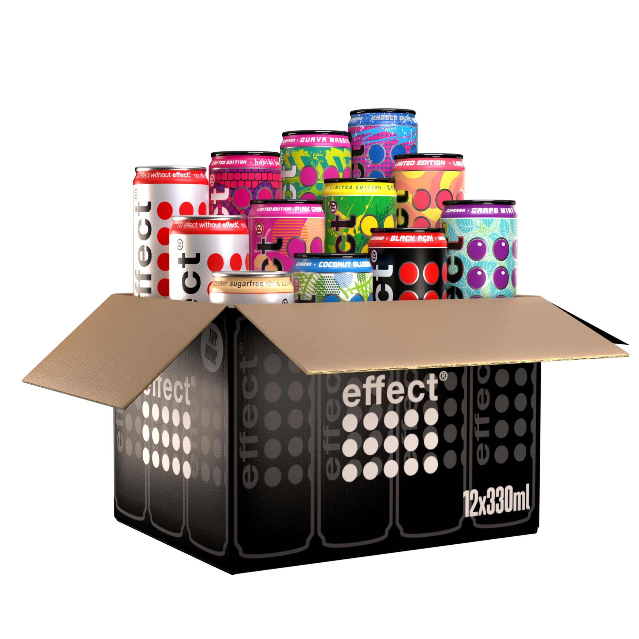 effect Probierpaket Energy Drink – 12 x 330 ml Dosen Einweg – alle Sorten in einer Box – koffeinhaltiges Erfrischungsgetränk mit B-Vitaminen – fruchtig & vegan