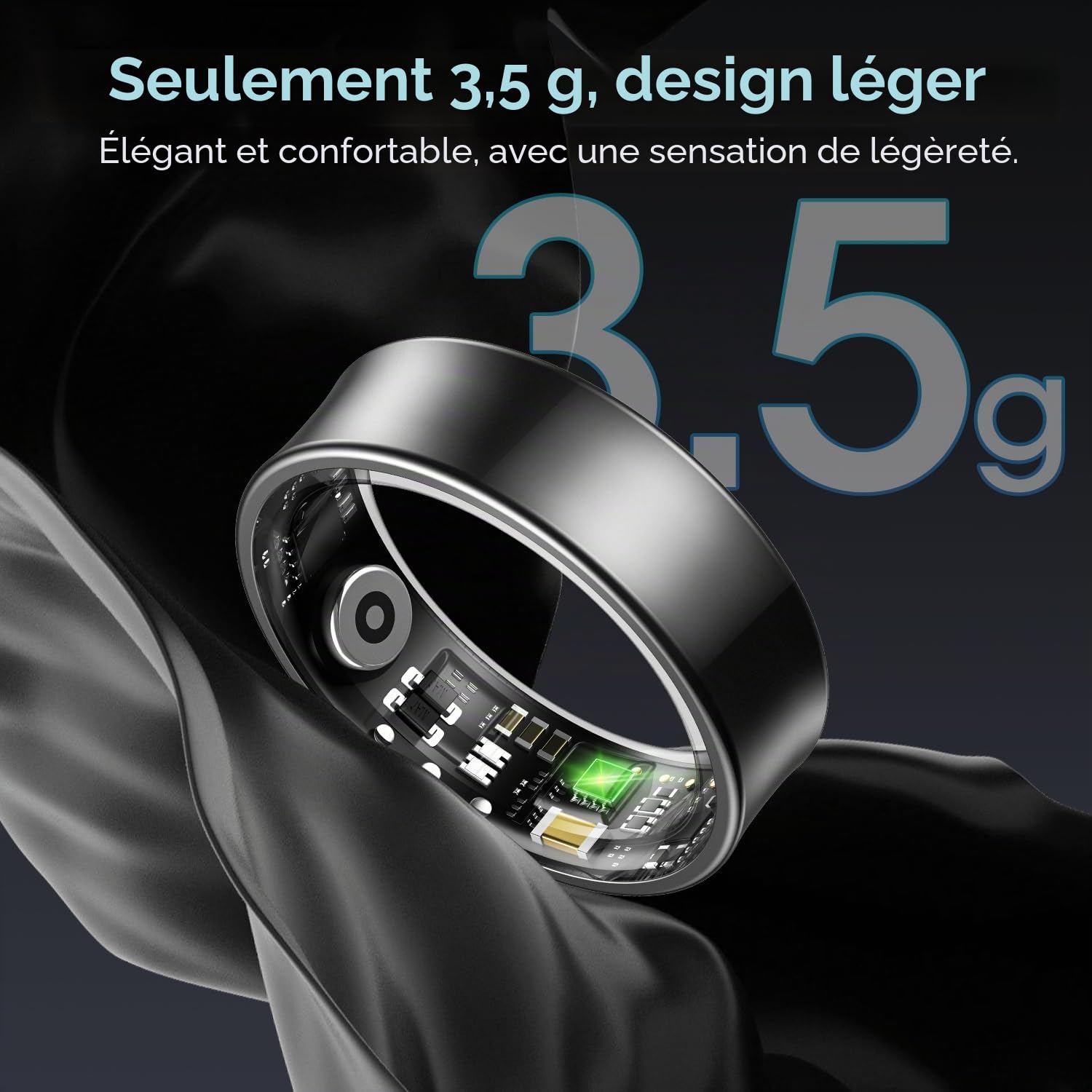 NAIXUES Bague Connectée Homme Femme, Smart Ring avec Commande Gestuelle, Fréquence Cardiaque, SpO2, Sommeil, 170+ Modes Sportifs, Smartwatch 5ATM Podomètre pour Android iOS, Taille 9, Noir