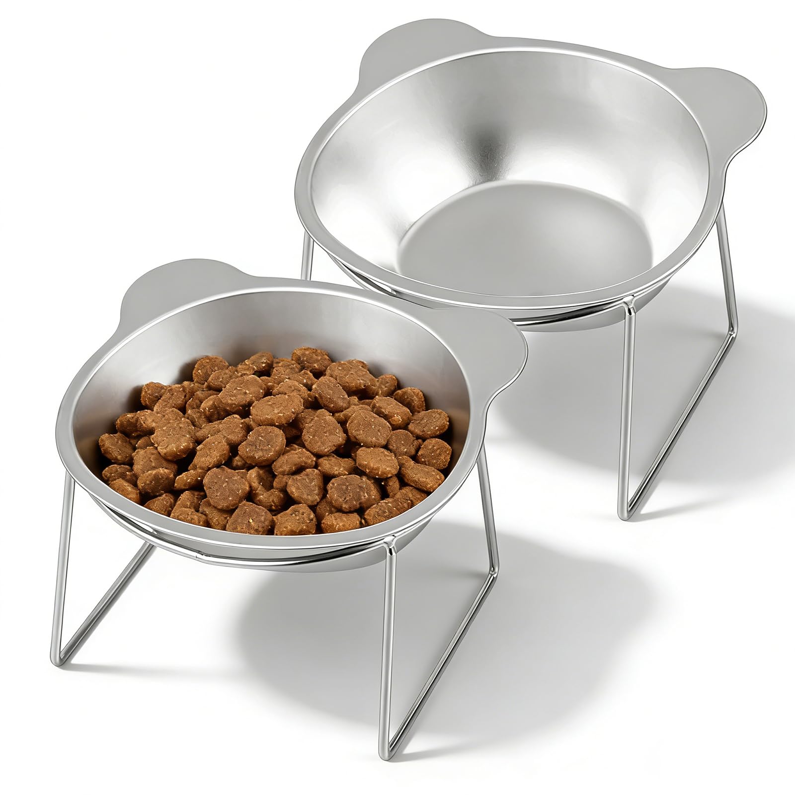 2Pcs Elevated Cat Bowls, 15° Tilted Raised Stainless Steel Cat Food and Water Bowl Set Anti-Vomit Neck Protection Pet Feeding Station for Indoor Cats & Small Dogs, Dishwasher Safe
