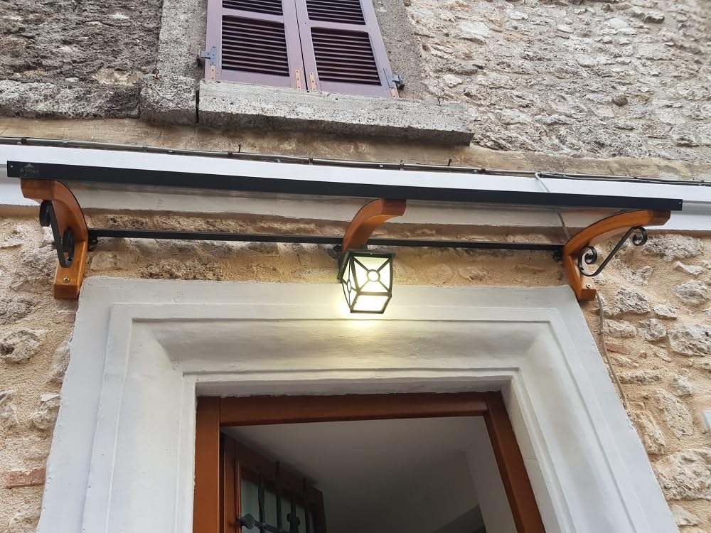 Pensilina da esterno in legno lamellare, copertura in policarbonato compatto Bronzato, Modello Legno Riccio, dimensioni 60 X 150 cm, colore legno e ferro Bianco