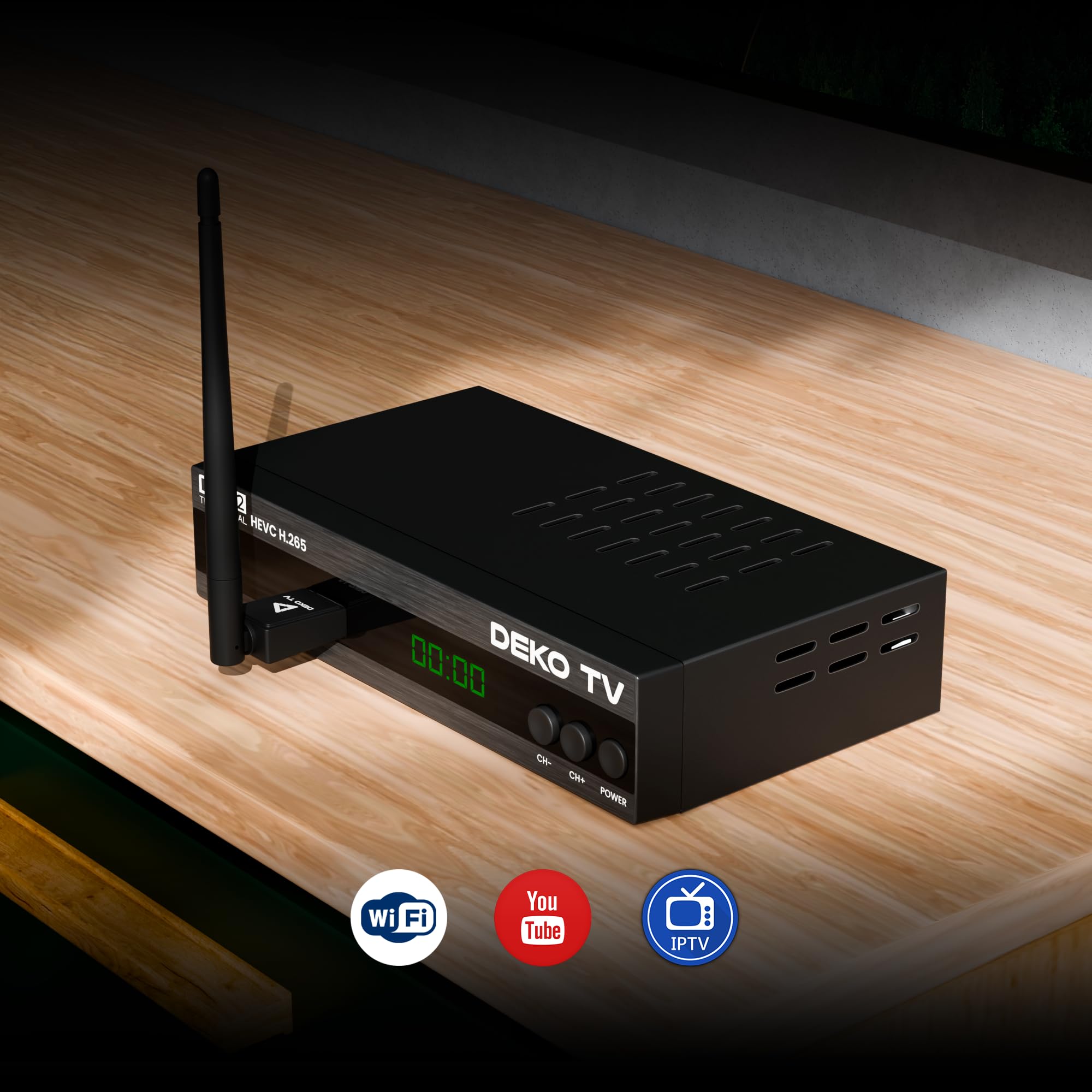 DEKO Decodeur TNT HD pour TV - Boitier TNT DVB-T2 HEVC - Deko TV Pro H265 - Main 10 Bit - USB WiFi Multimédia PVR [2in1 télécommande]