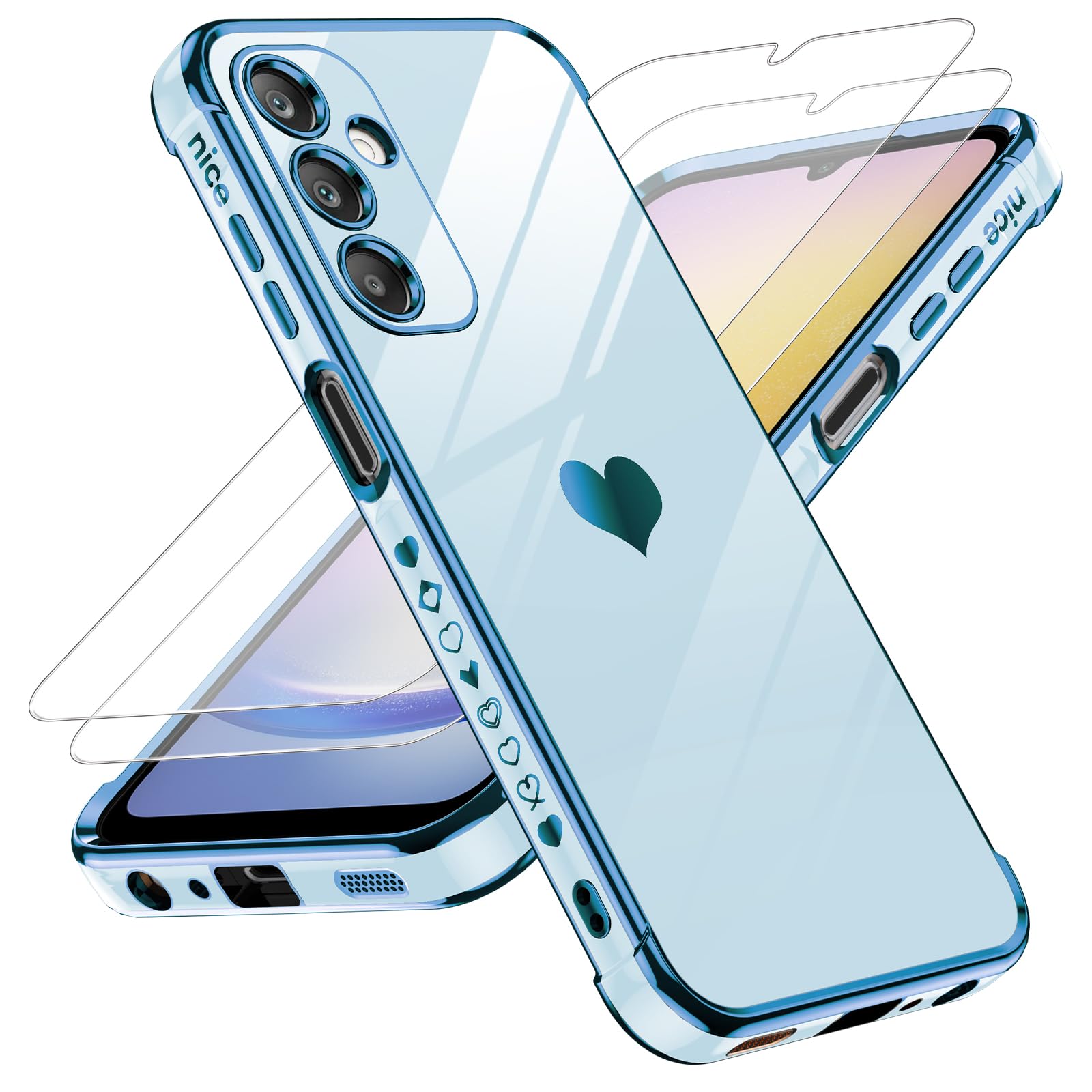 LeYi Cover per Samsung Galaxy A25 5G con 2 Pezzi Vetro Temperato(Blu) | Custodia Amore Cuore Paraurti Morbido TPU Sottile Case con Protezione Fotocamera per Samsung A 25 Donne