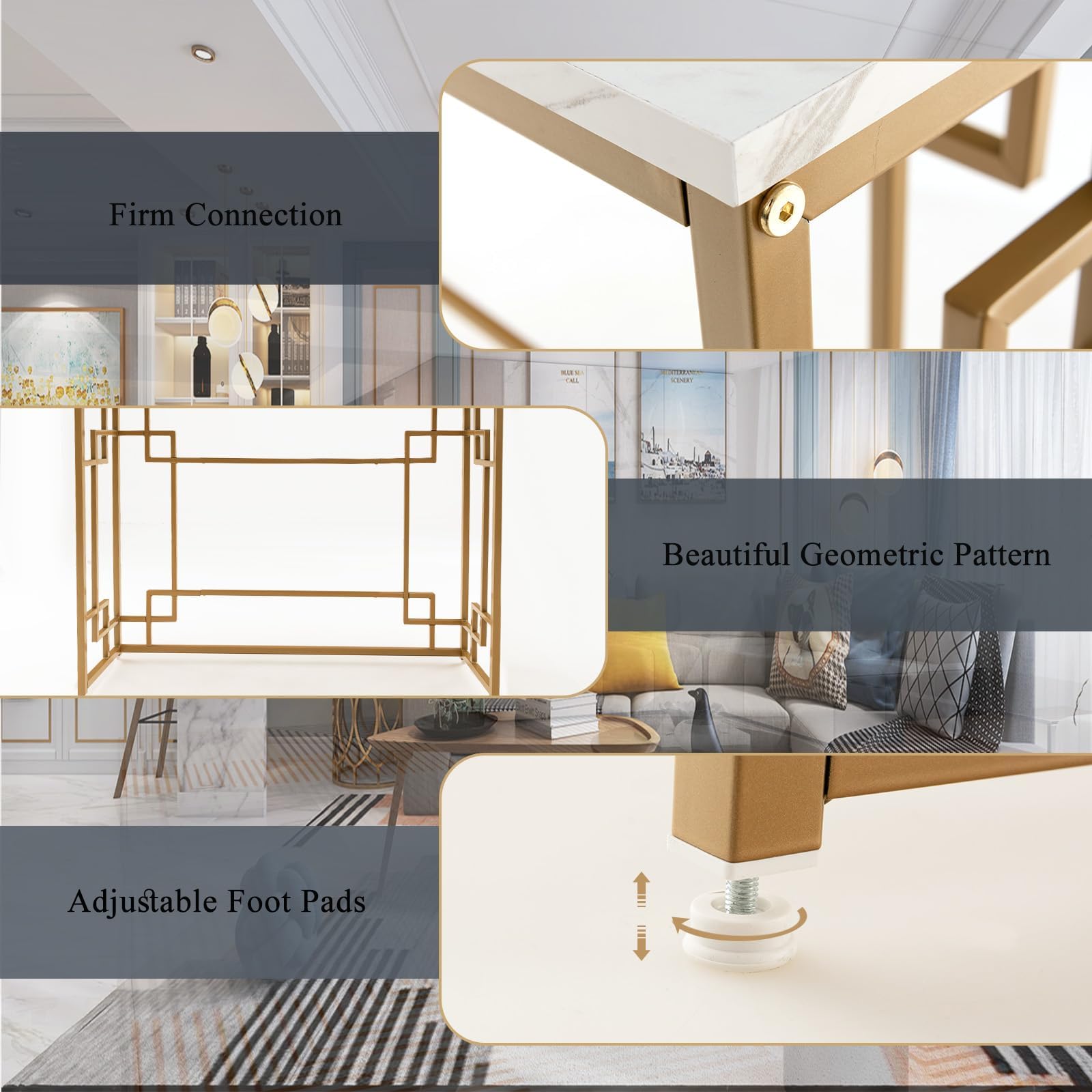 LIFEZEAL Tavolo Console Moderno, Tavolo Consolle, Effetto di Marmo, Tavolo d’Ingresso, Telaio in Metallo, Piedini Regolabili, Salvaspazio, per Corridoio, Soggiorno, Entrata, Max 30kg, 110x30x81cm, Oro