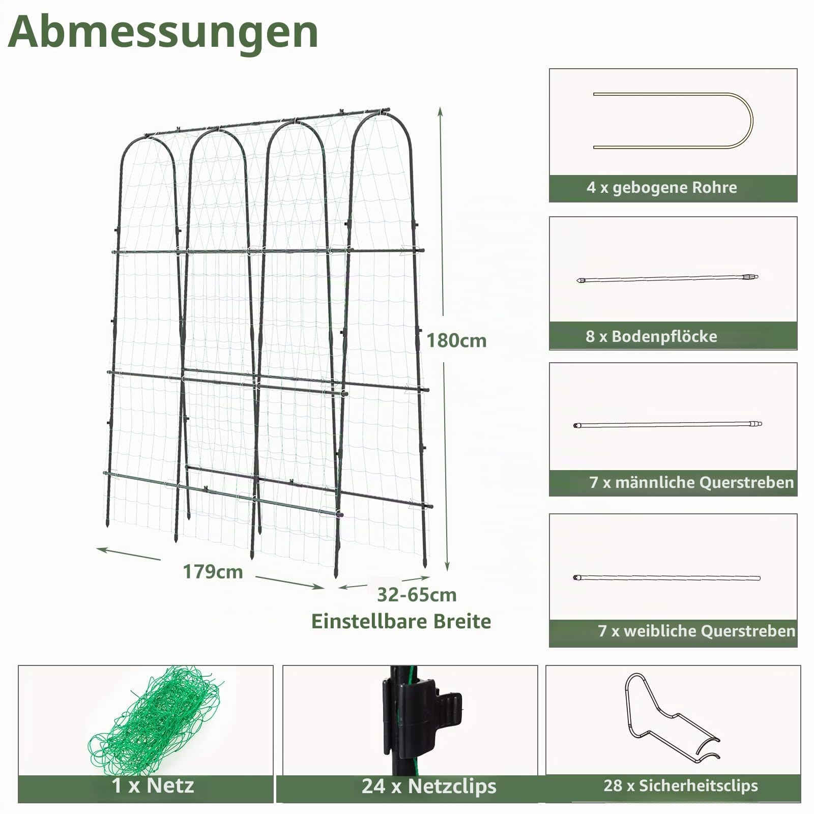HOMASIS Gurke Rankhilfe Set Metall, Rankgitter Bogen, Gitterspalier für Kletterpflanzen, Gartenspalier mit Netz & 24 Clips & 28 Klammern, Pflanzenspalier Pflanzenstütze für Gemüse (179x32-65x180cm)