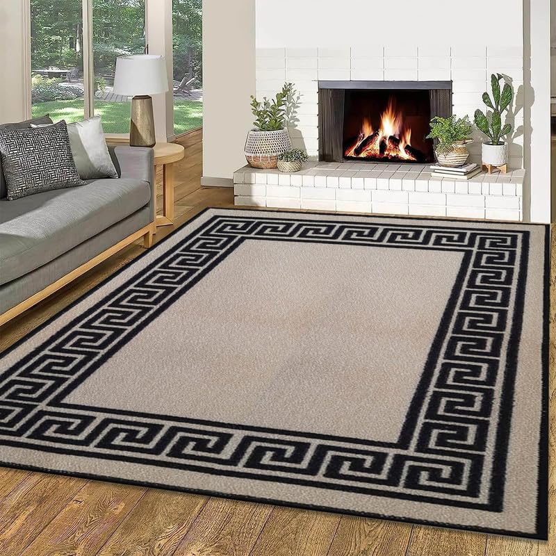 Trendy Realm Athena Rug – Large Washable Non-Slip Carpet for Living Room, Bedroom, Lounge, Dining, Kitchen Fluffy Thick Soft Modern Indoor Floor Rugs (Beige & Black, 120x170 cm)