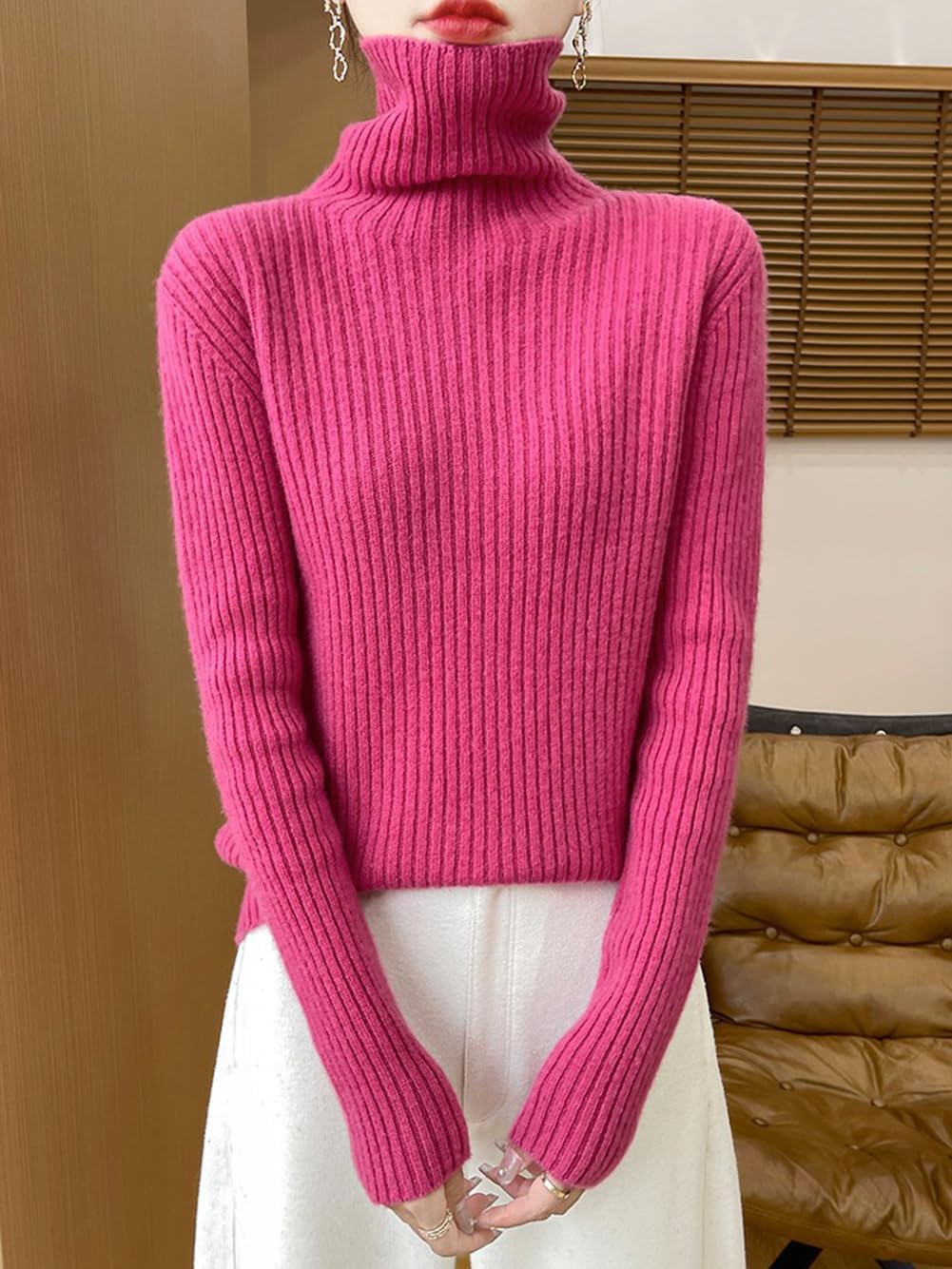 100% Merino Wool Sweaters for Women's Fall Winter Knitted Thick Pullover Long Sleeves Warm High Neck Turtleneck(WQ716)