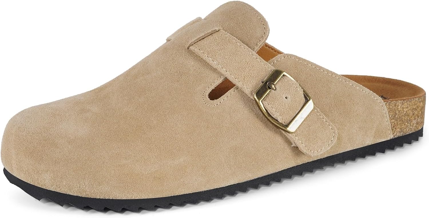 Intini Unisex Suede Leather Clogs Mules Mens Womens Cork Footbed House Slipers with Arch Support and Adjustable Buckle Apricot