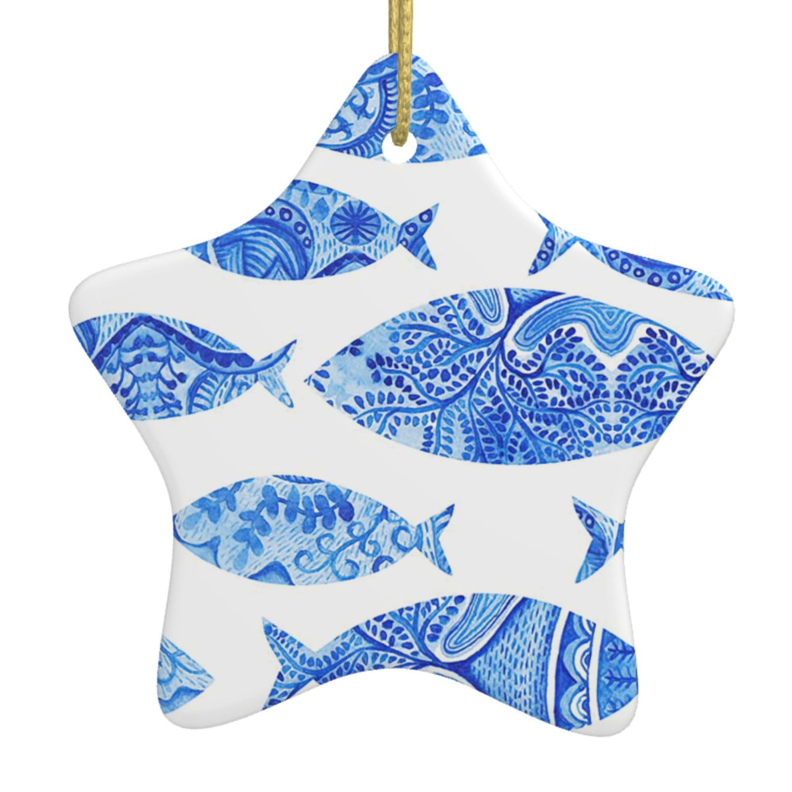 Fish Painting Print Christmas Ornaments, Ceramic Hanging Ornament, Round Shape Decorations